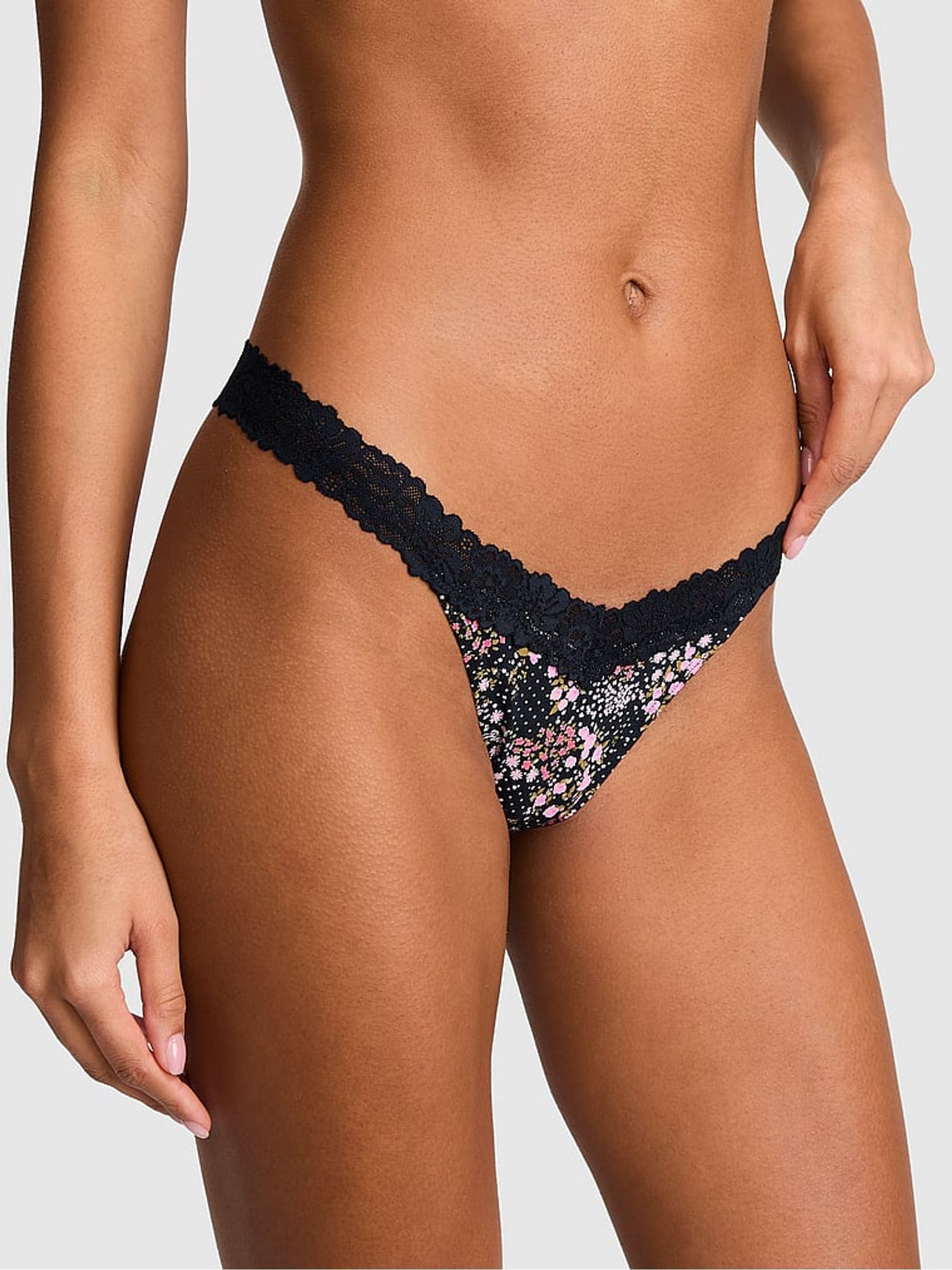 Noir Navy Blue Floral Print Thong Cotton Heather Lace Trim Knickers - Image 1 of 2