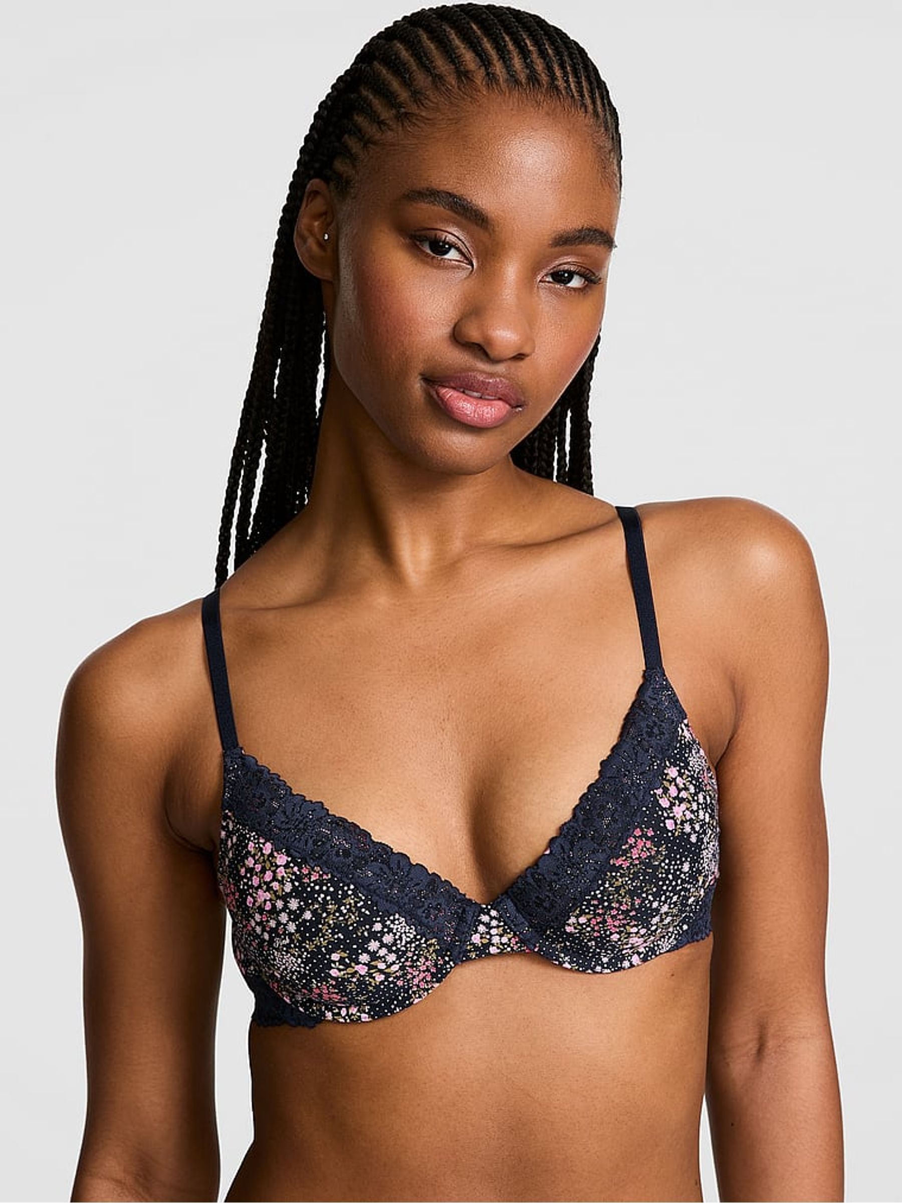 Noir Navy Blue Floral Print Lightly Lined Cotton Heather Lace Trim Bra - Image 1 of 3