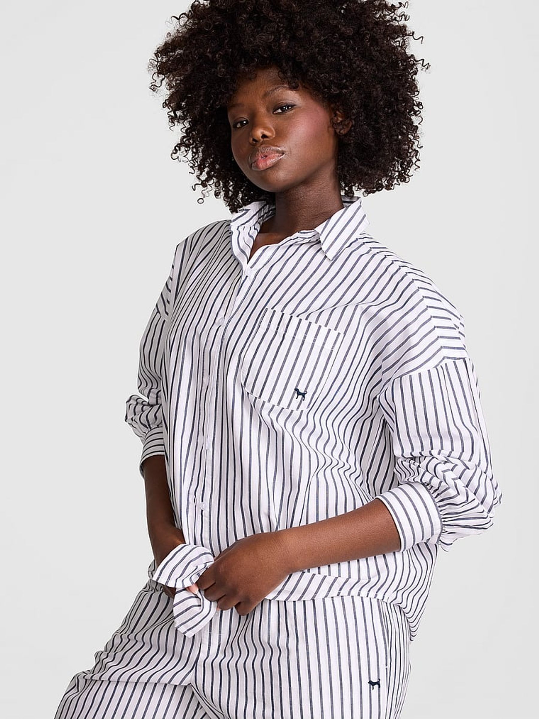 Navy Blue Stripe Oversized Button Down Pyjama Top - Image 1 of 2 Navy Blue Stripe Oversized Button Down Pyjama Top - Image 1 of 2