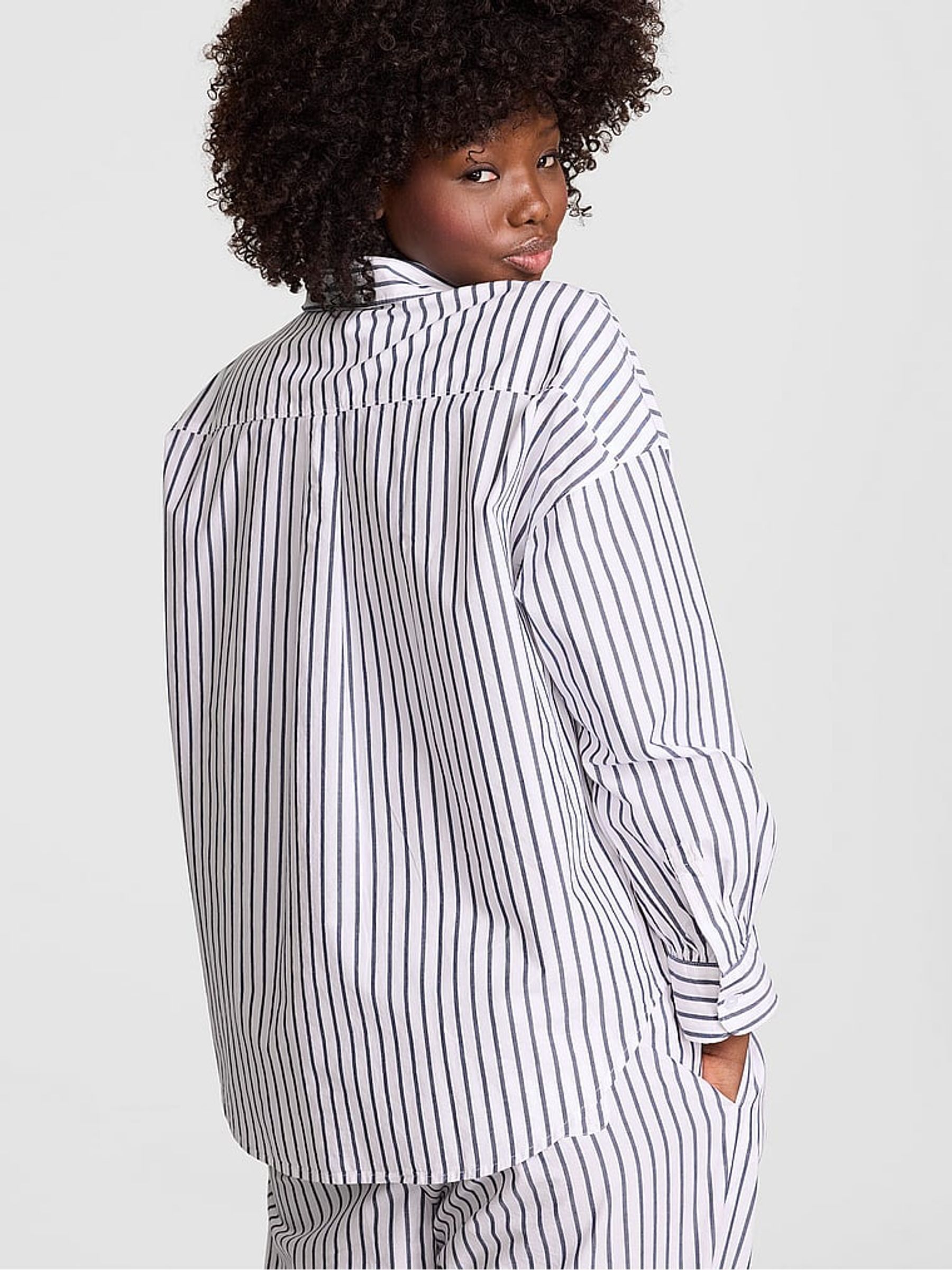 Navy Blue Stripe Oversized Button Down Pyjama Top - Image 2 of 2