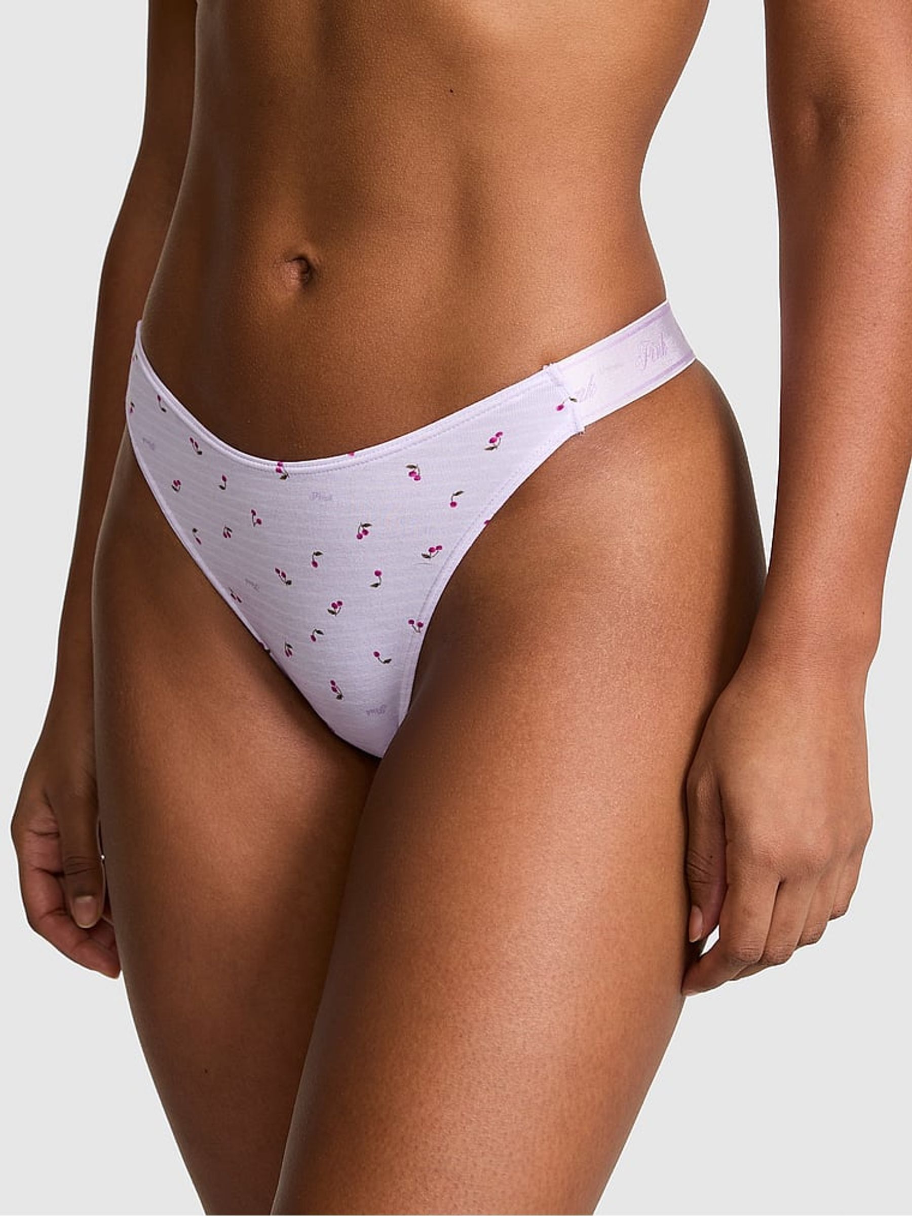 Purple Whisper Cherry Print Thong Cotton Logo Knickers - Image 1 of 2