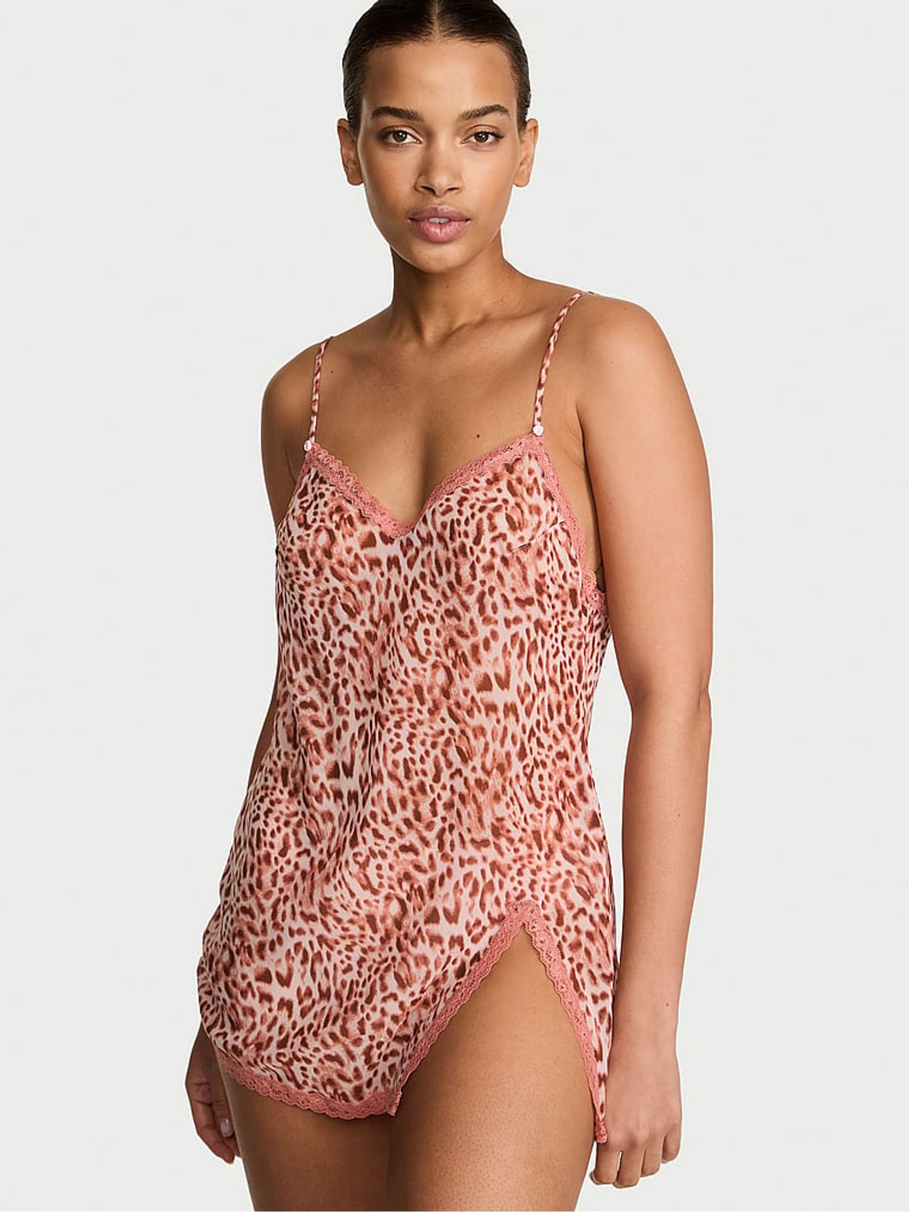 Leopard Brown Mini Chiffon Lace Trim Slip Dress - Image 1 of 2