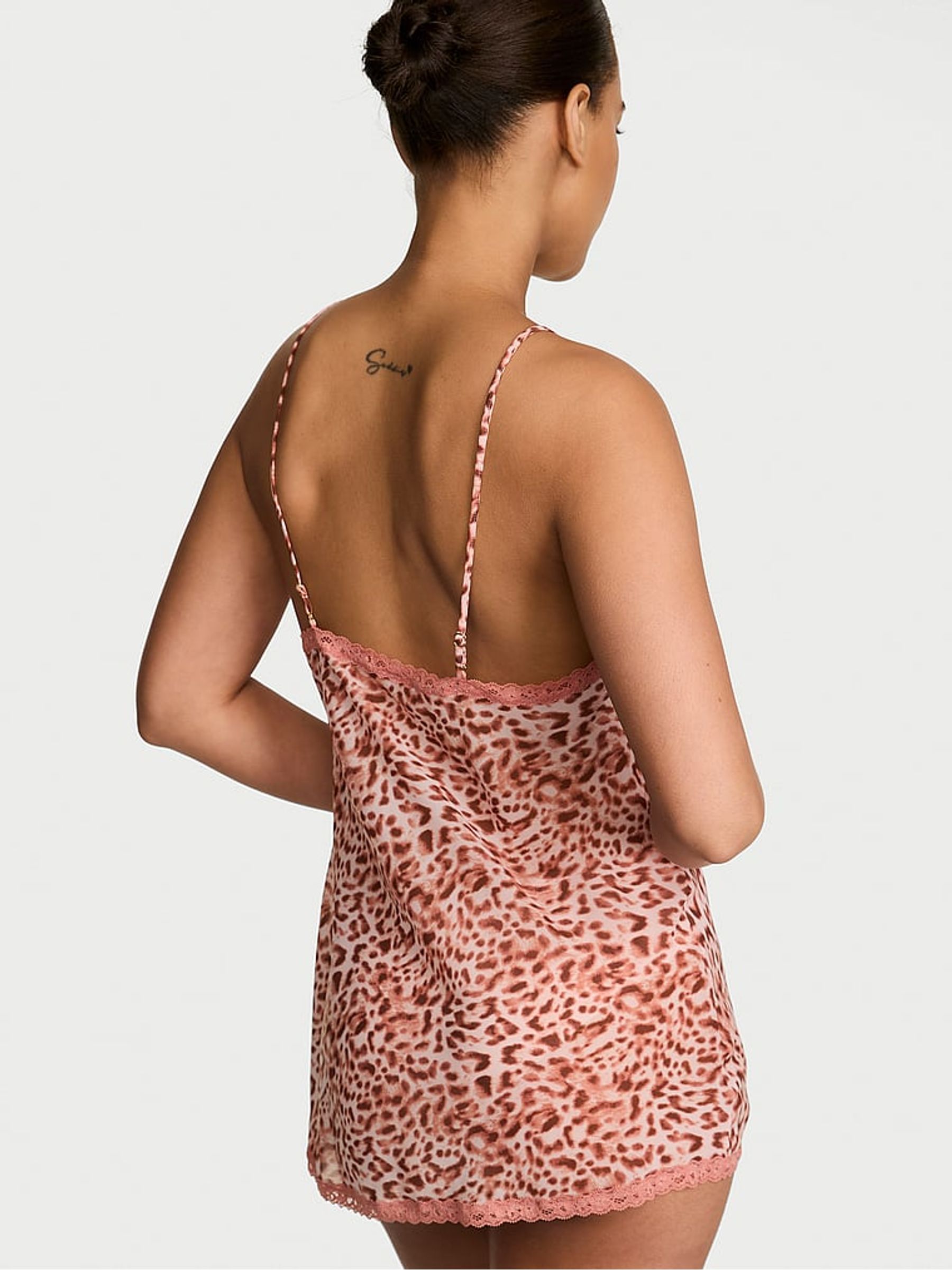 Leopard Brown Mini Chiffon Lace Trim Slip Dress - Image 2 of 2