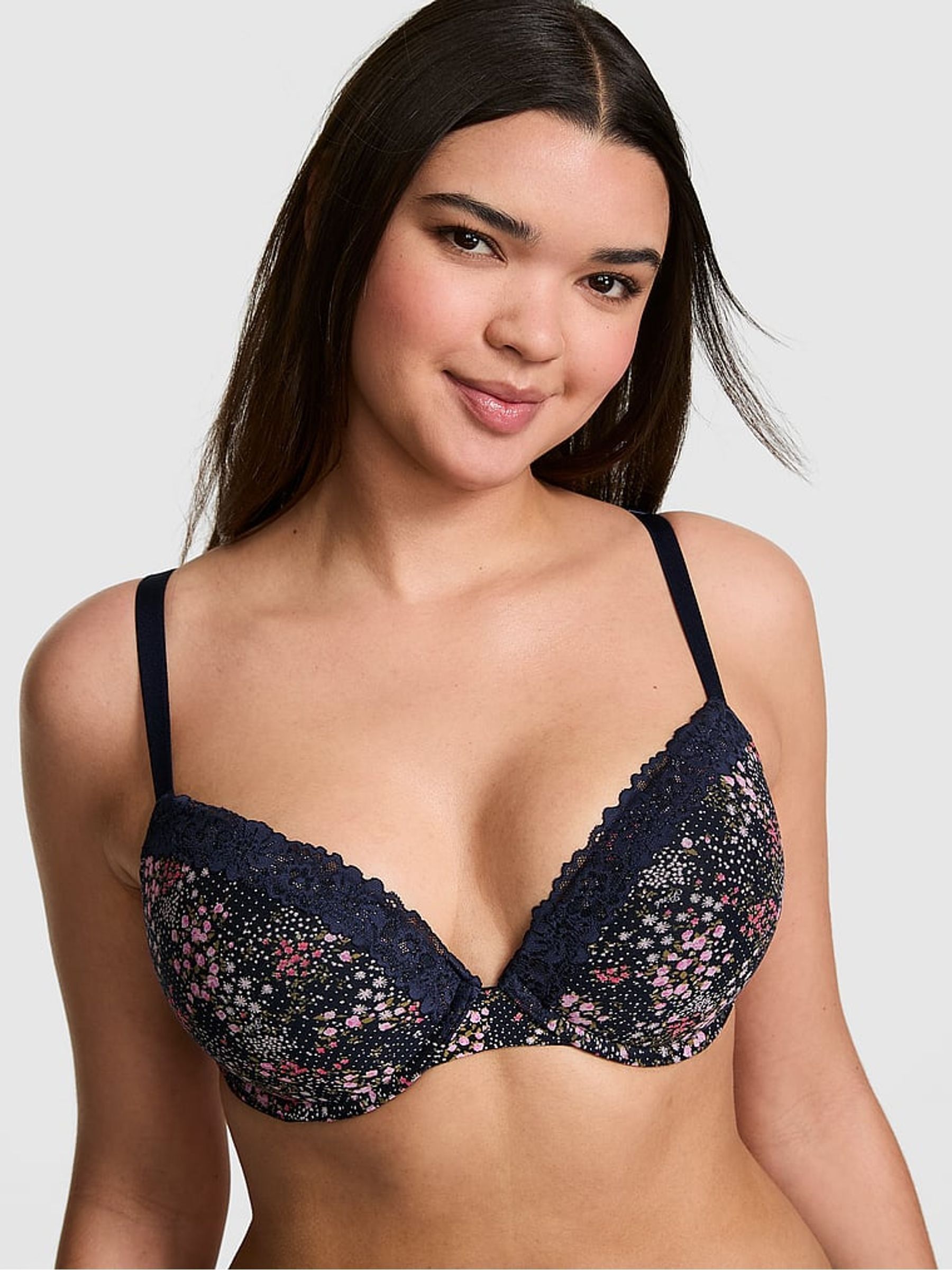Noir Navy Blue Floral Print Super Push Up Cotton Heather Lace Trim Bra - Image 1 of 2