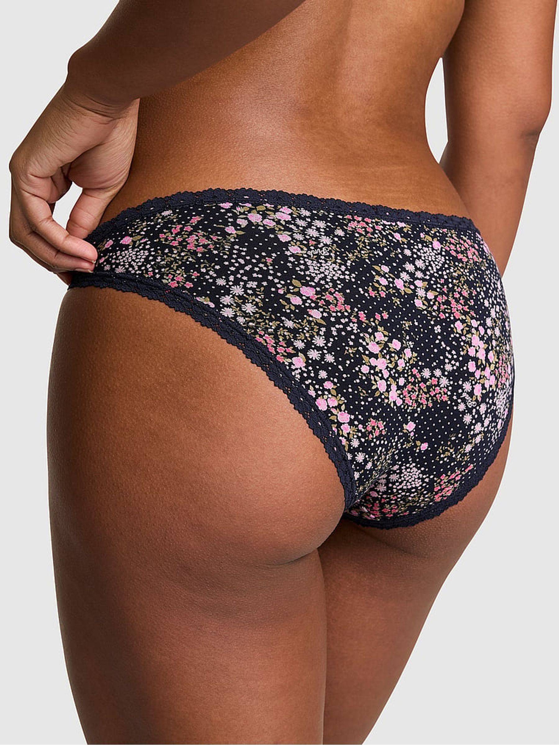 Noir Navy Blue Floral Print Cheeky Cotton Heather Lace Trim Knickers - Image 2 of 2 Noir Navy Blue Floral Print Cheeky Cotton Heather Lace Trim Knickers - Image 2 of 2