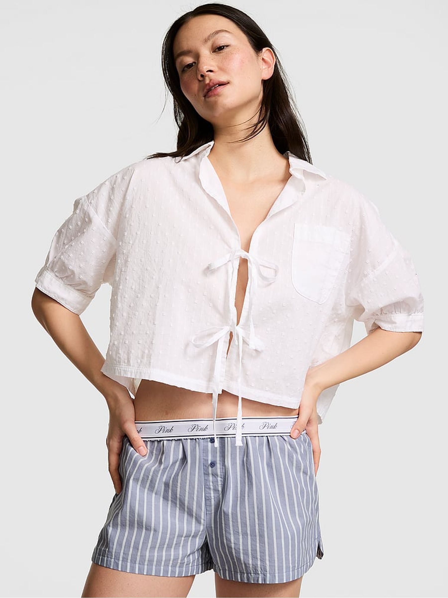 White Cotton Tie Front Pyjama Top - Image 1 of 2