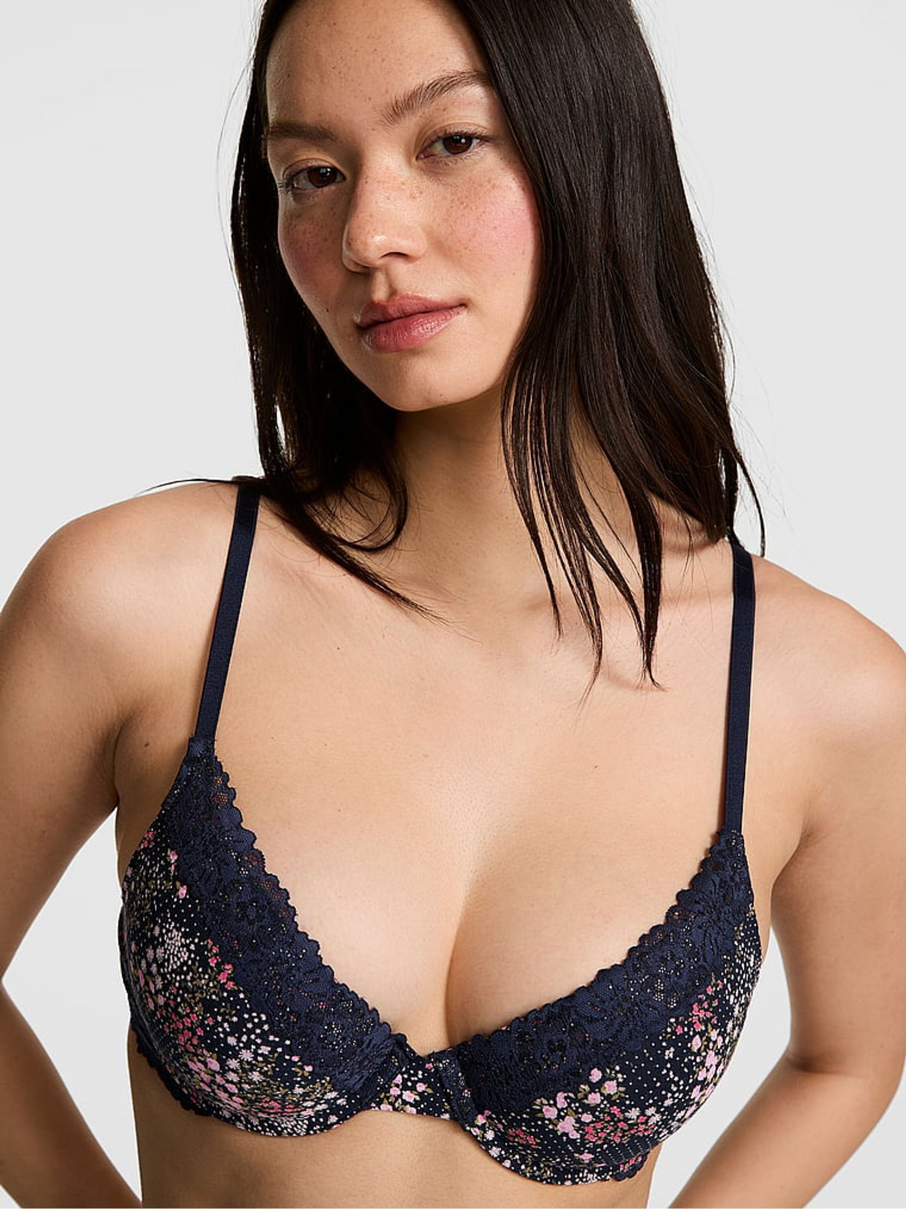 Noir Navy Blue Floral Print Push Up Cotton Heather Lace Trim Bra - Image 1 of 2