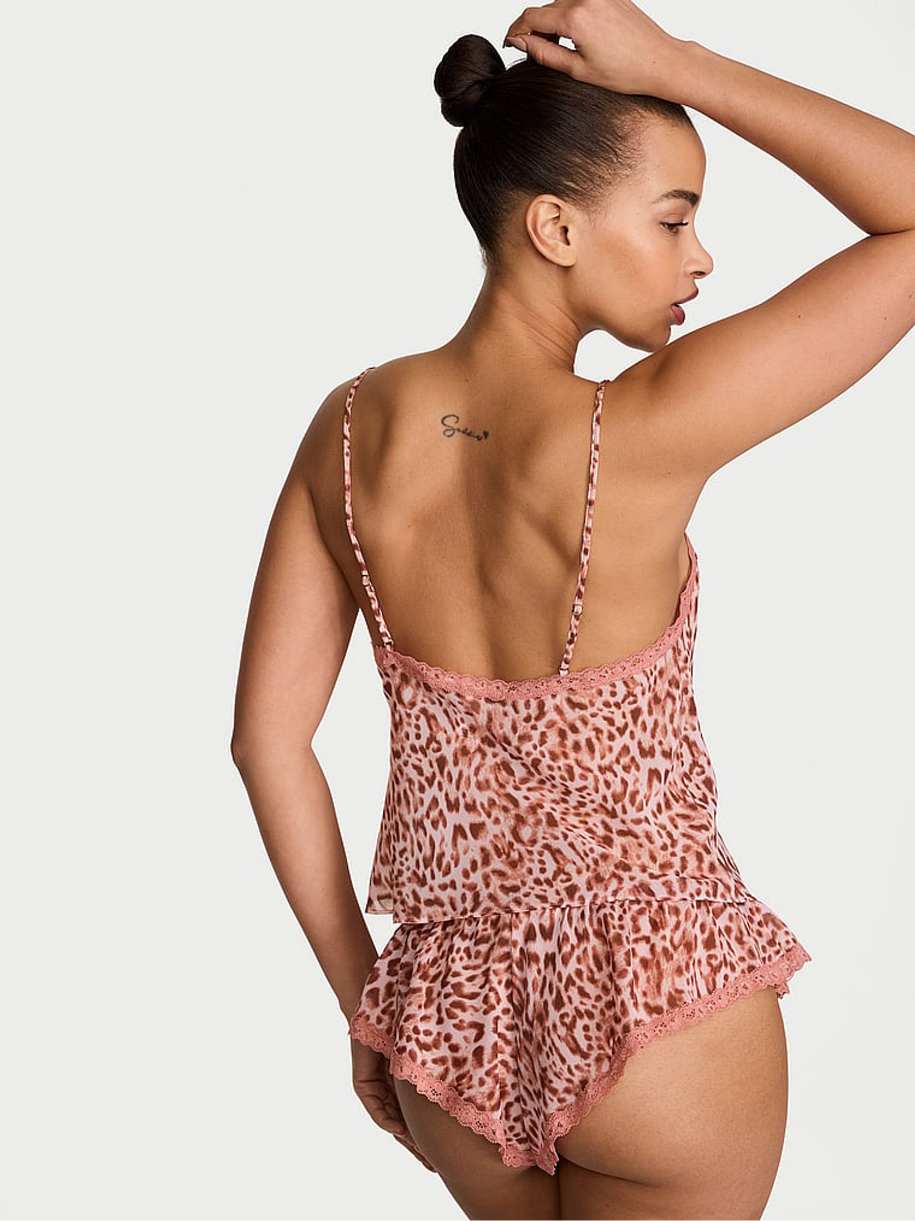 Leopard Brown Chiffon Lace Trim Cami Flutter Shorts Set - Image 2 of 2