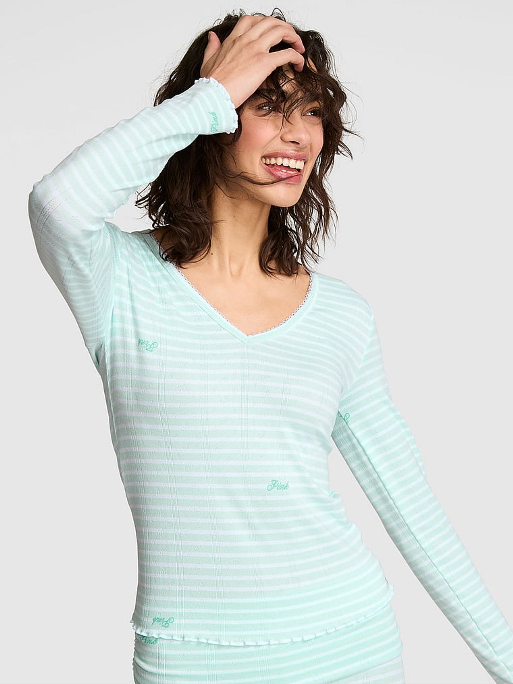 Spray Blue Stripe Pointelle Pyjama Top - Image 1 of 2 Spray Blue Stripe Pointelle Pyjama Top - Image 1 of 2