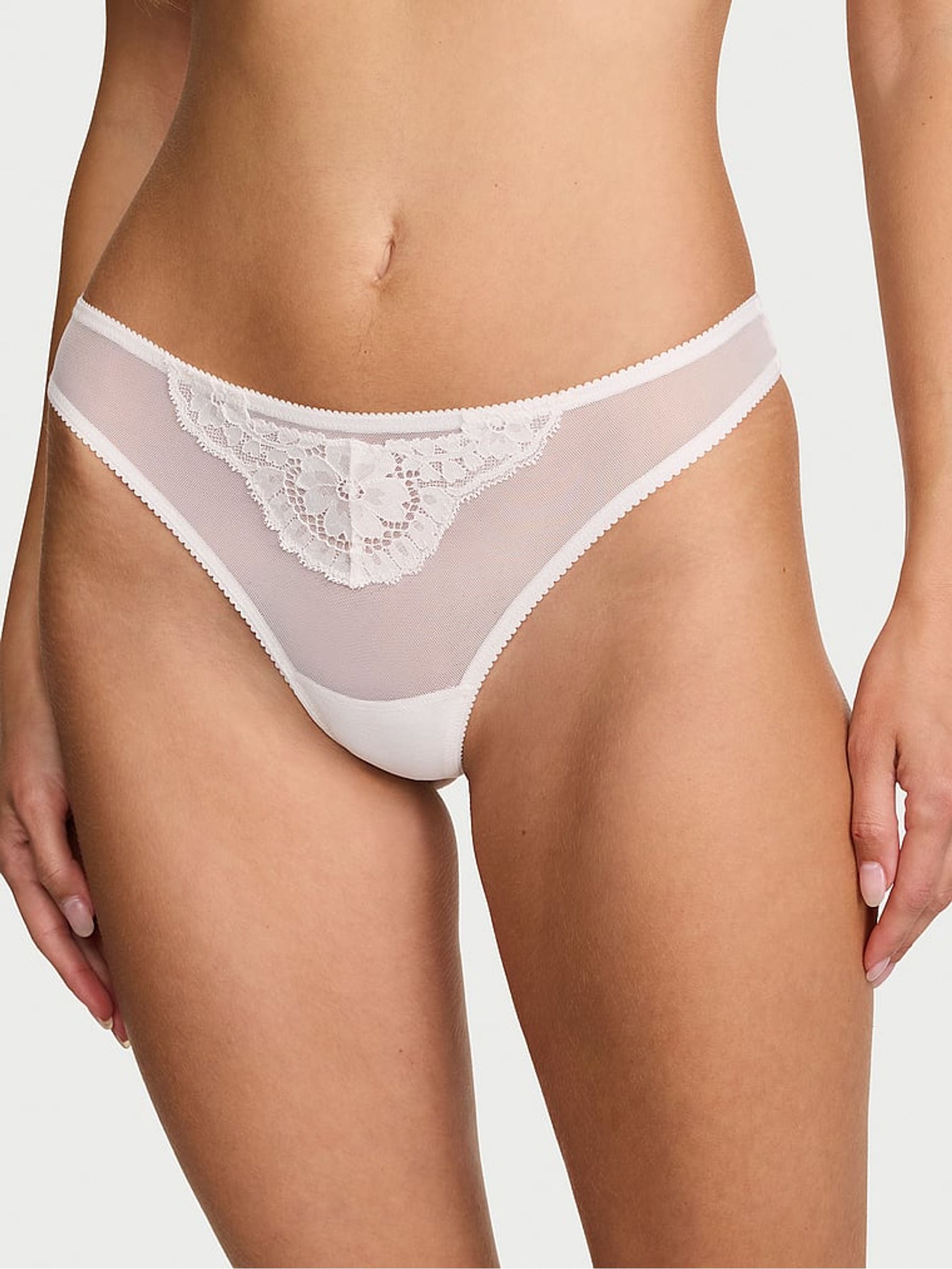 Coconut White Thong Mesh Lace Trim Bow Knickers - Image 1 of 3 Coconut White Thong Mesh Lace Trim Bow Knickers - Image 1 of 3