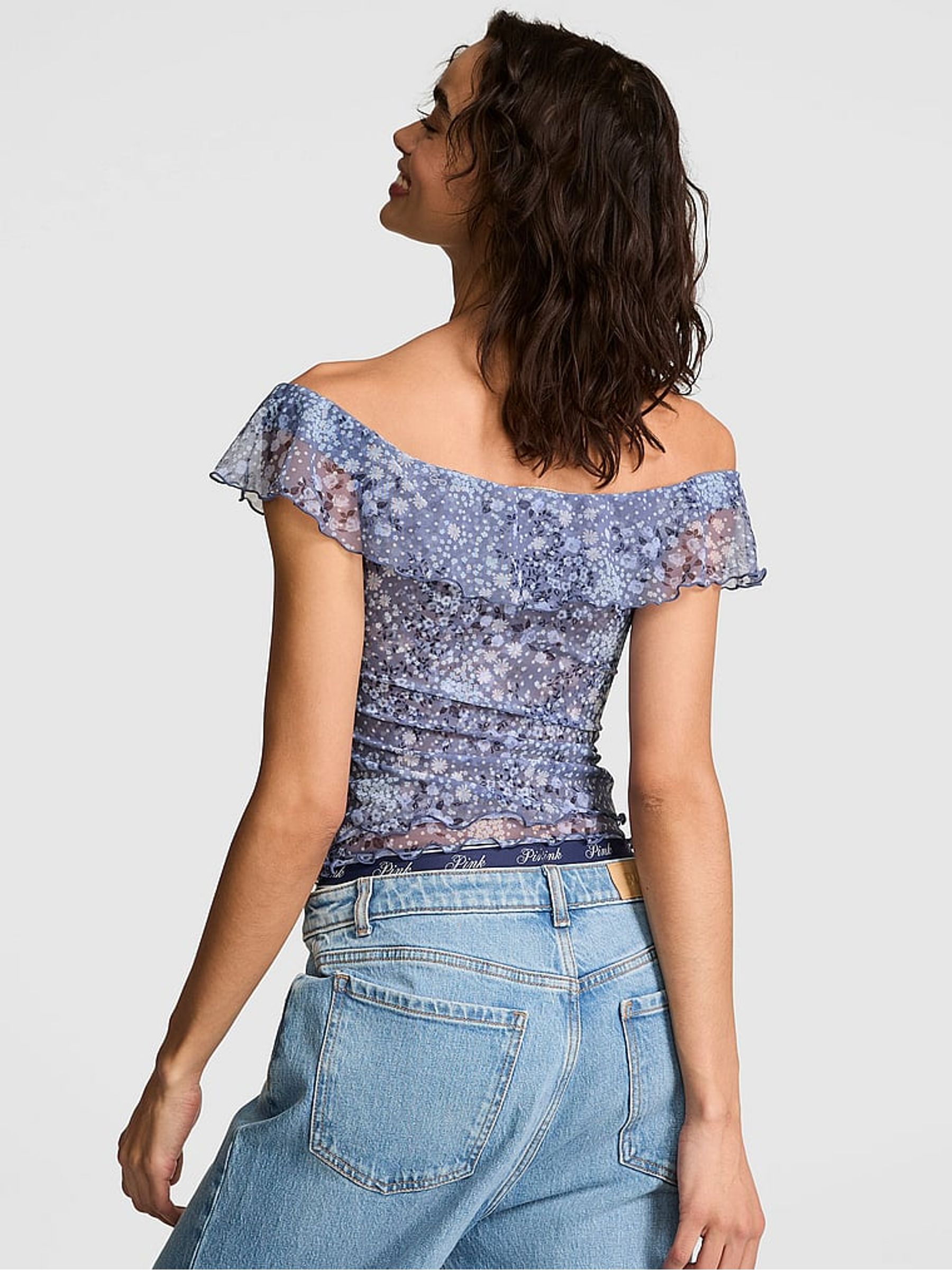 Dusty Iris Blue Floral Print Off The Shoulder Top - Image 2 of 2