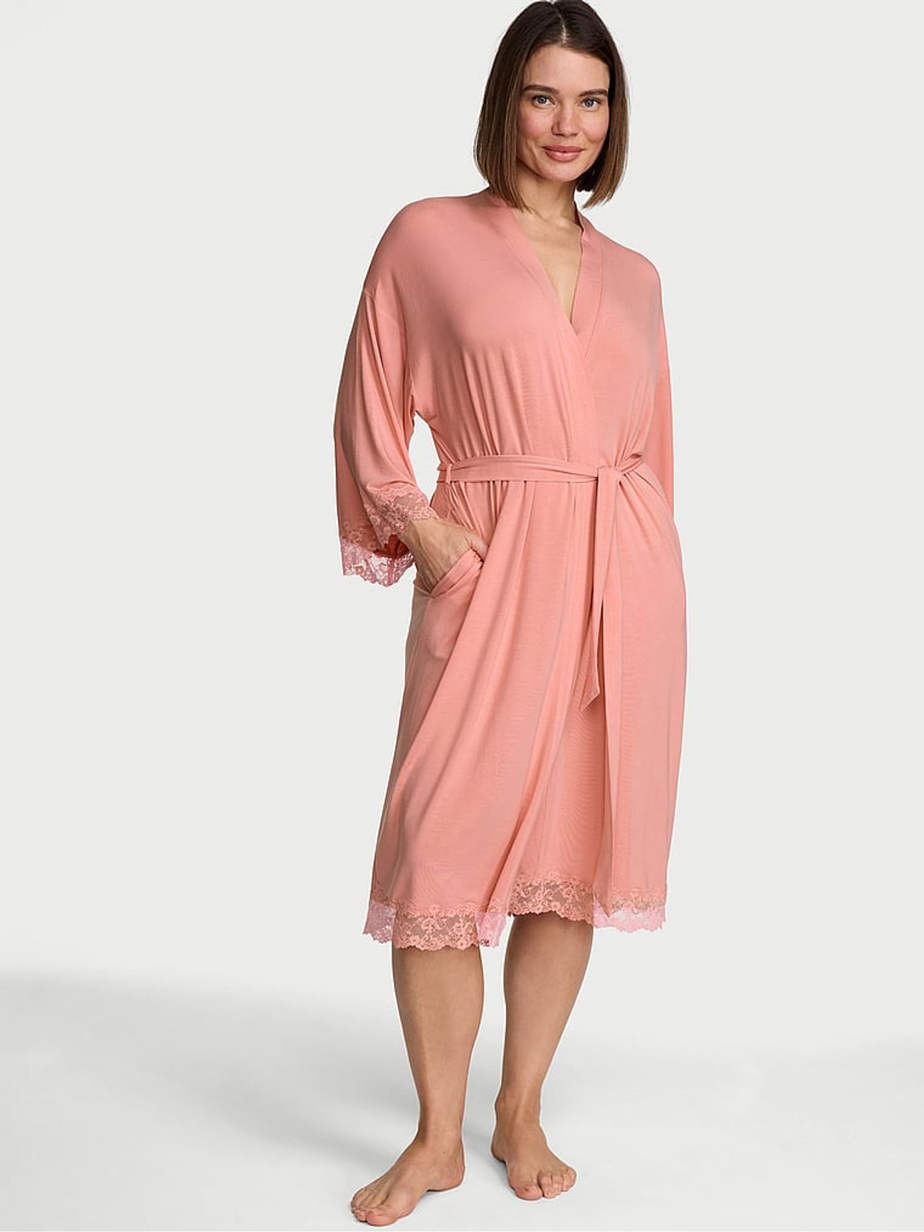 Blush Pink Modal Lace Trim Robe - Image 1 of 2