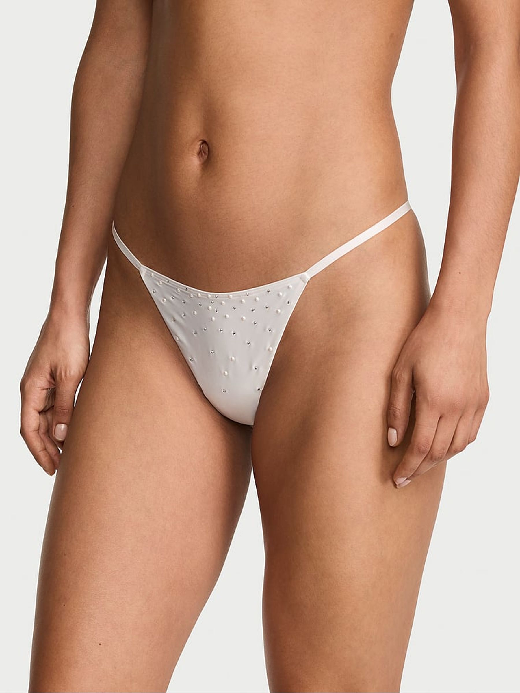 Coconut White G-String Satin Pearl Embellished Knickers - Image 1 of 3
