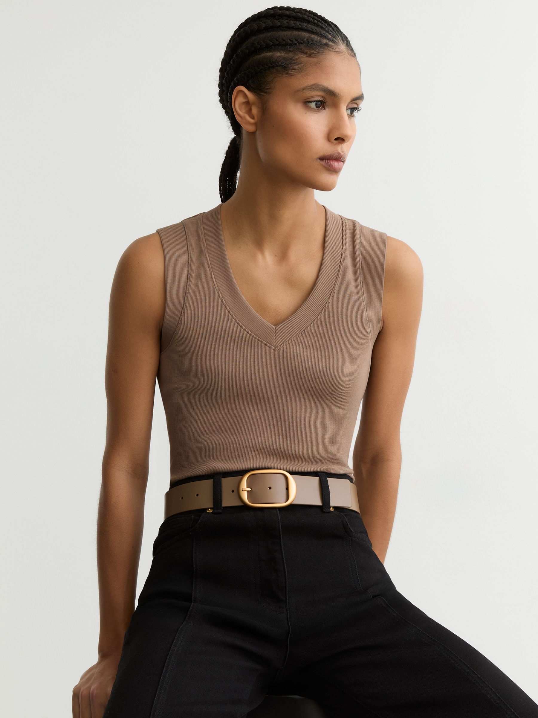 Leather Oval-Buckle Belt in Taupe - Image 2 of 5
