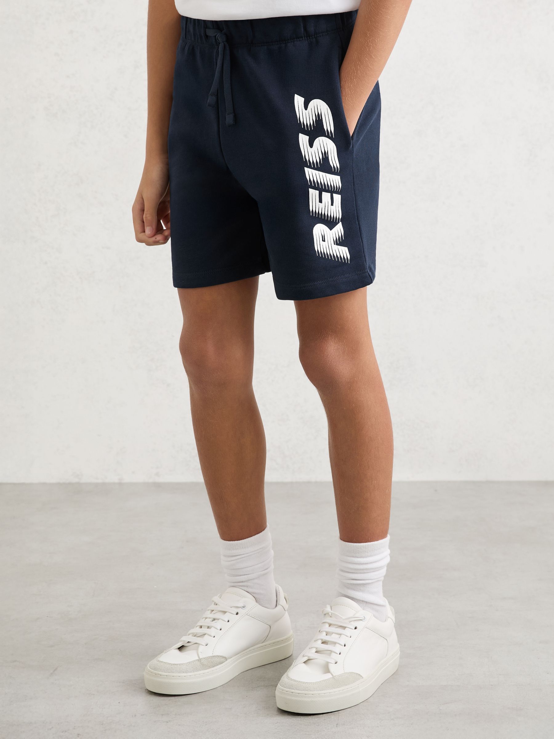 Cotton Logo-Print Drawstring Shorts in Navy - Image 3 of 5