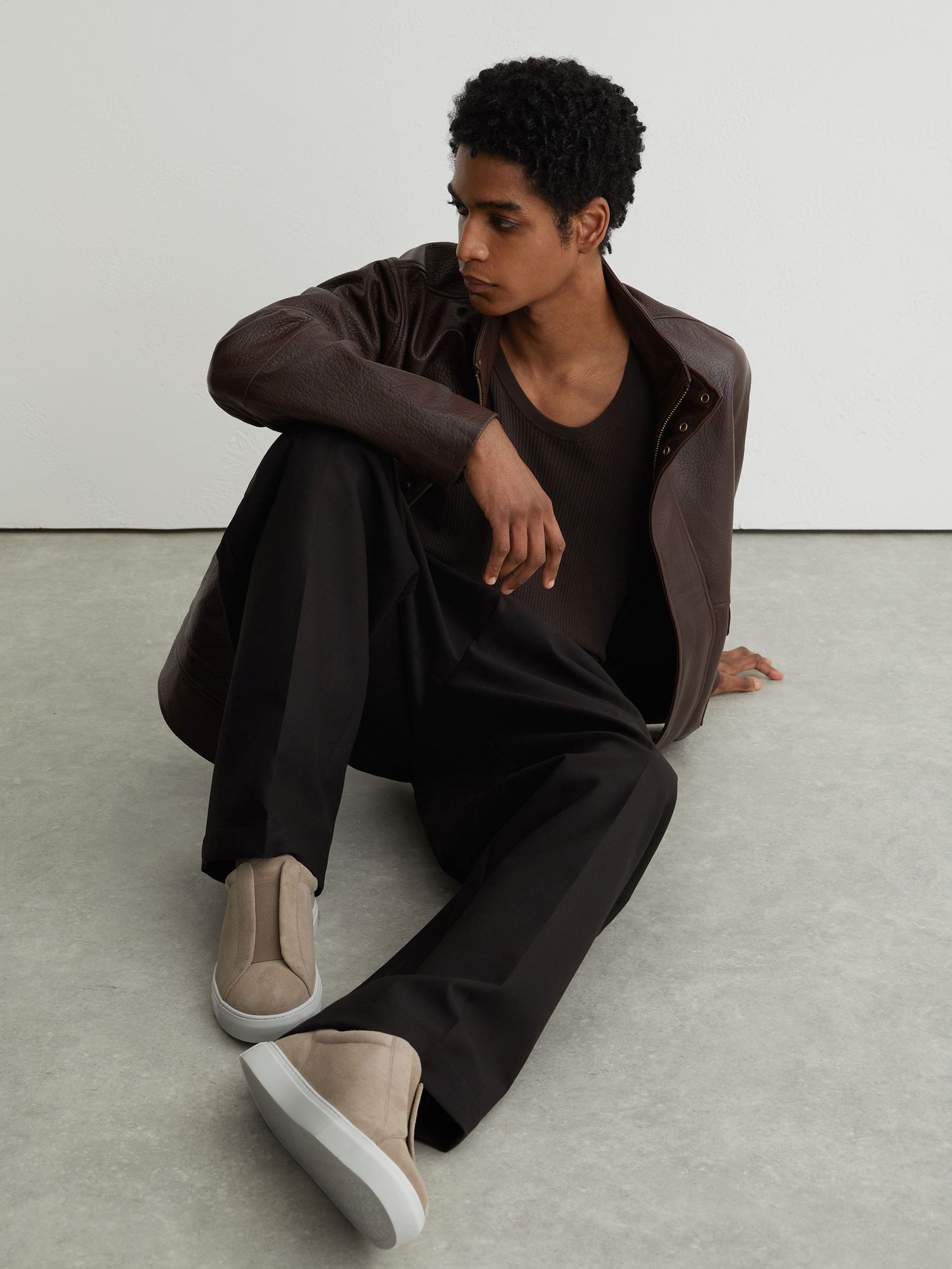 Suede Slip-On Elasticated Trainers in Taupe Brown - image 1