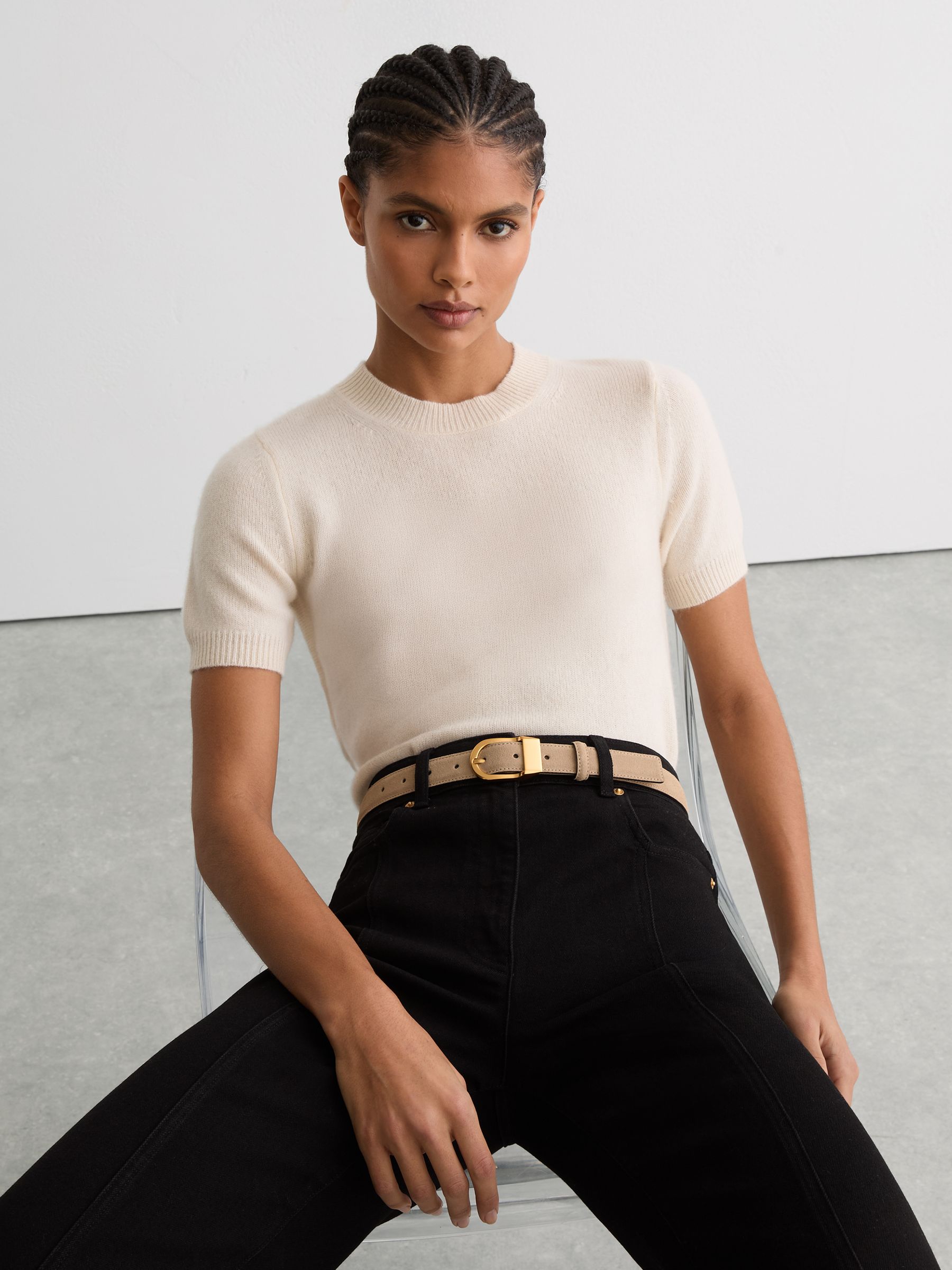 Leather Curved-Buckle Belt in Stone - image 1