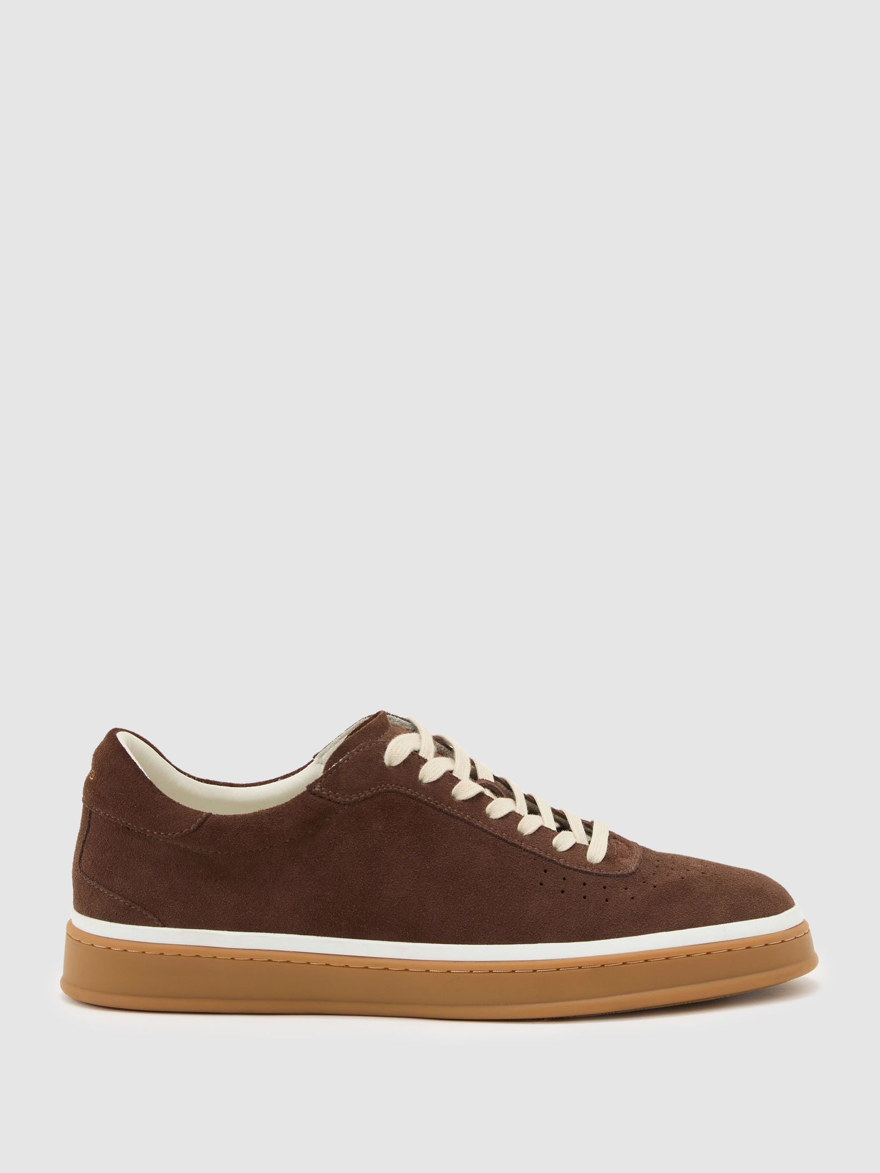 Suede Perforated-Detail Trainers in Chocolate Brown - Image 1 of 5