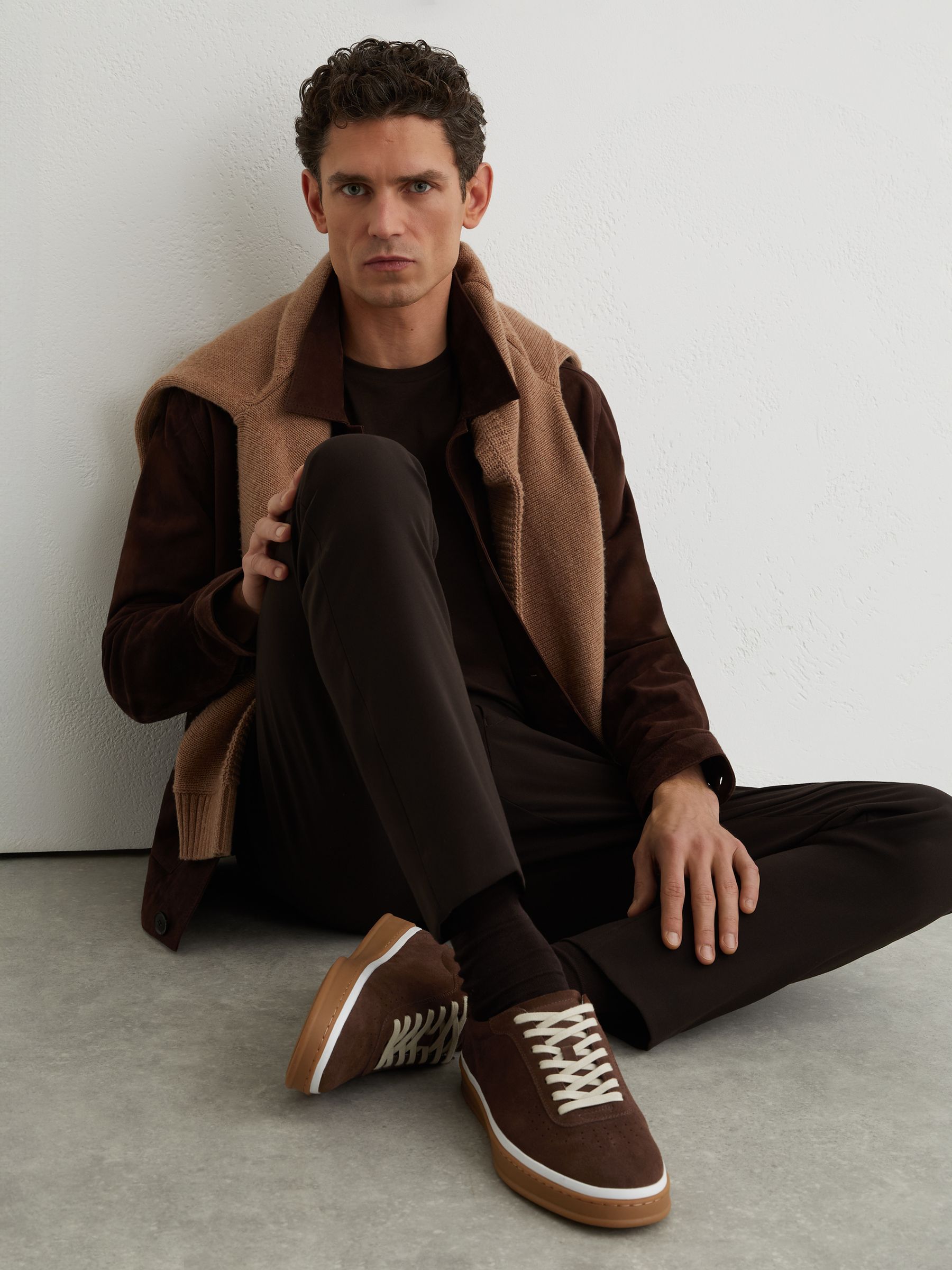 Suede Perforated-Detail Trainers in Chocolate Brown - image 1