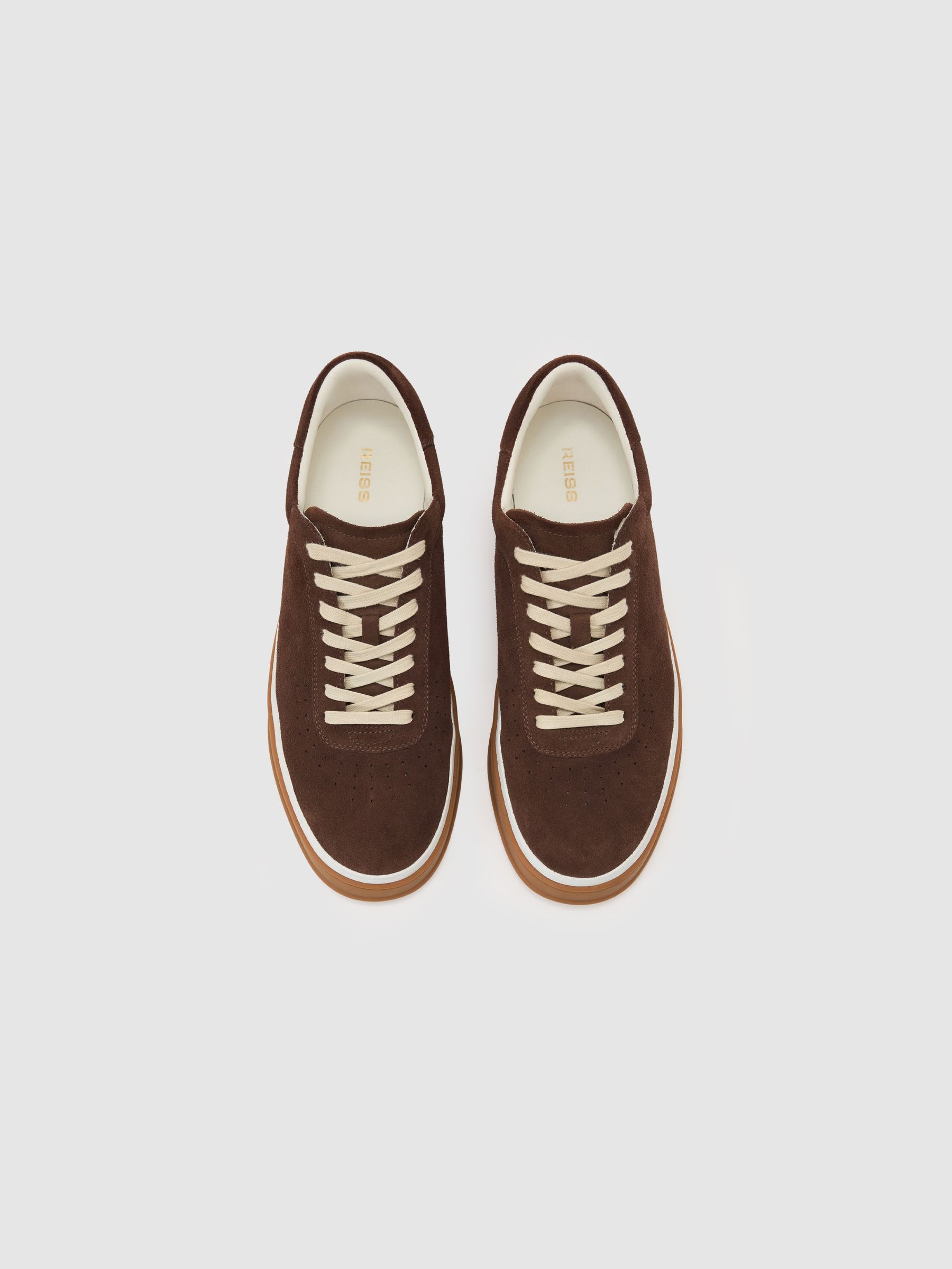 Suede Perforated-Detail Trainers in Chocolate Brown - image 4