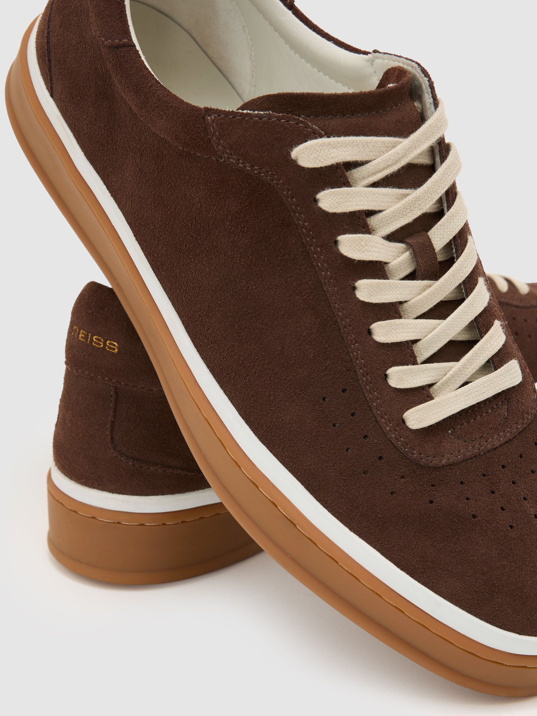 Suede Perforated-Detail Trainers in Chocolate Brown - image 3