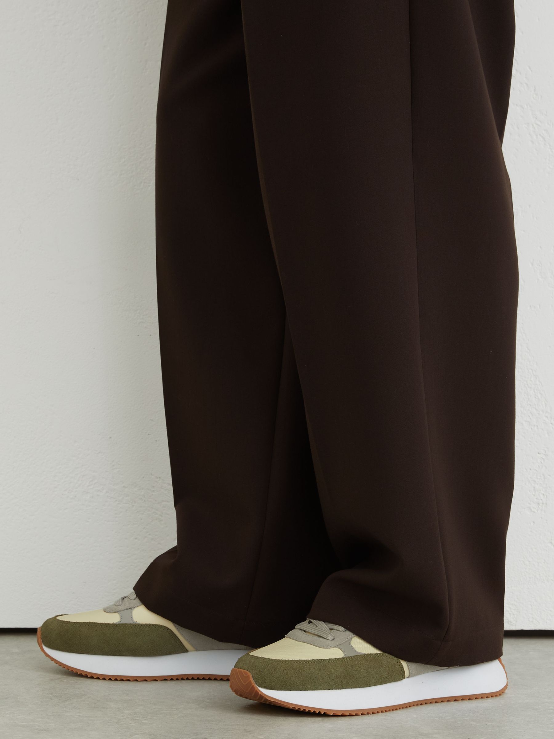 Suede Lace-Up Running Trainers in Ecru / Soft Sage - Image 1 of 5