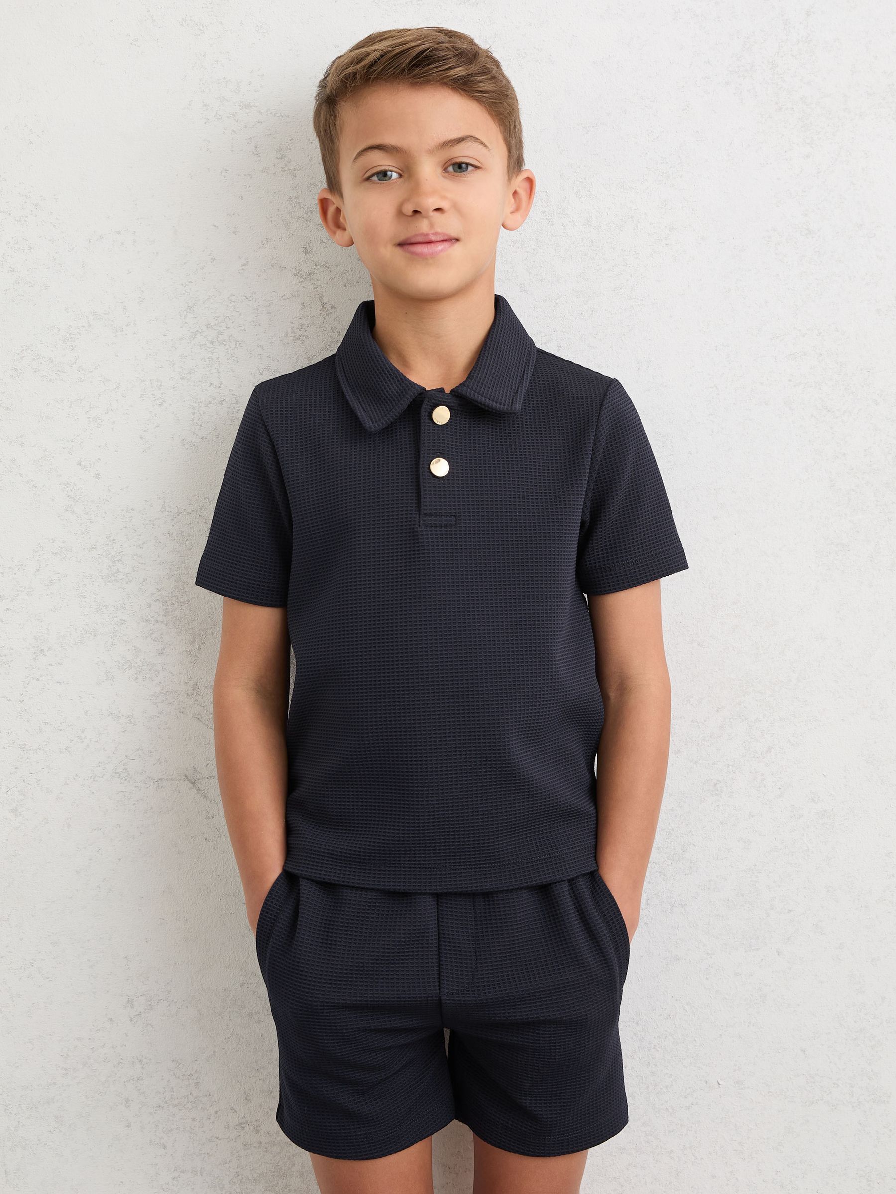 9-13 yrs Waffle Polo and Shorts Set in Navy - Image 1 of 5