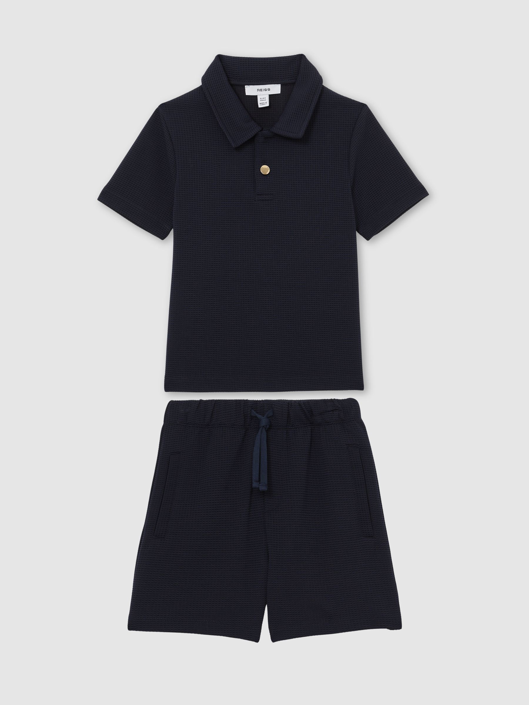 9-13 yrs Waffle Polo and Shorts Set in Navy - Image 2 of 5