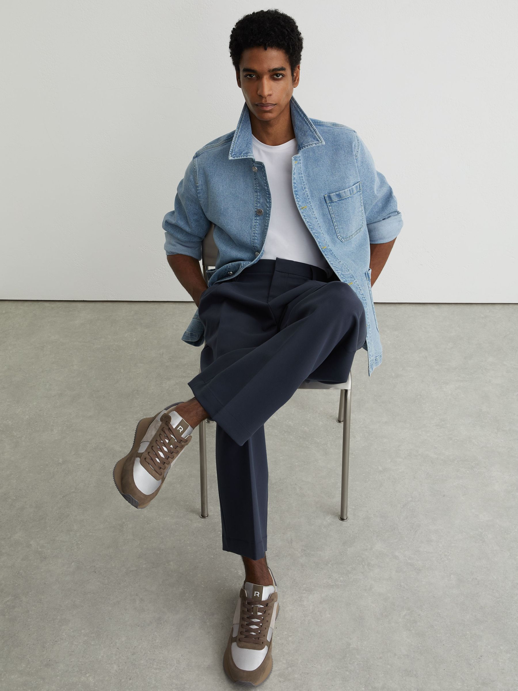 Suede Lace-Up Running Trainers in Soft Grey / Brown - Image 1 of 5