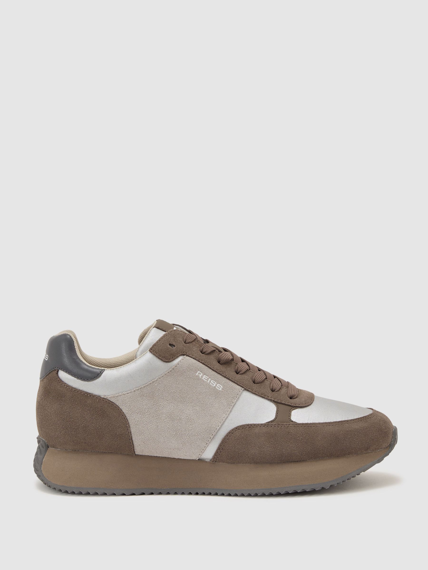 Suede Lace-Up Running Trainers in Soft Grey / Brown - Image 2 of 5