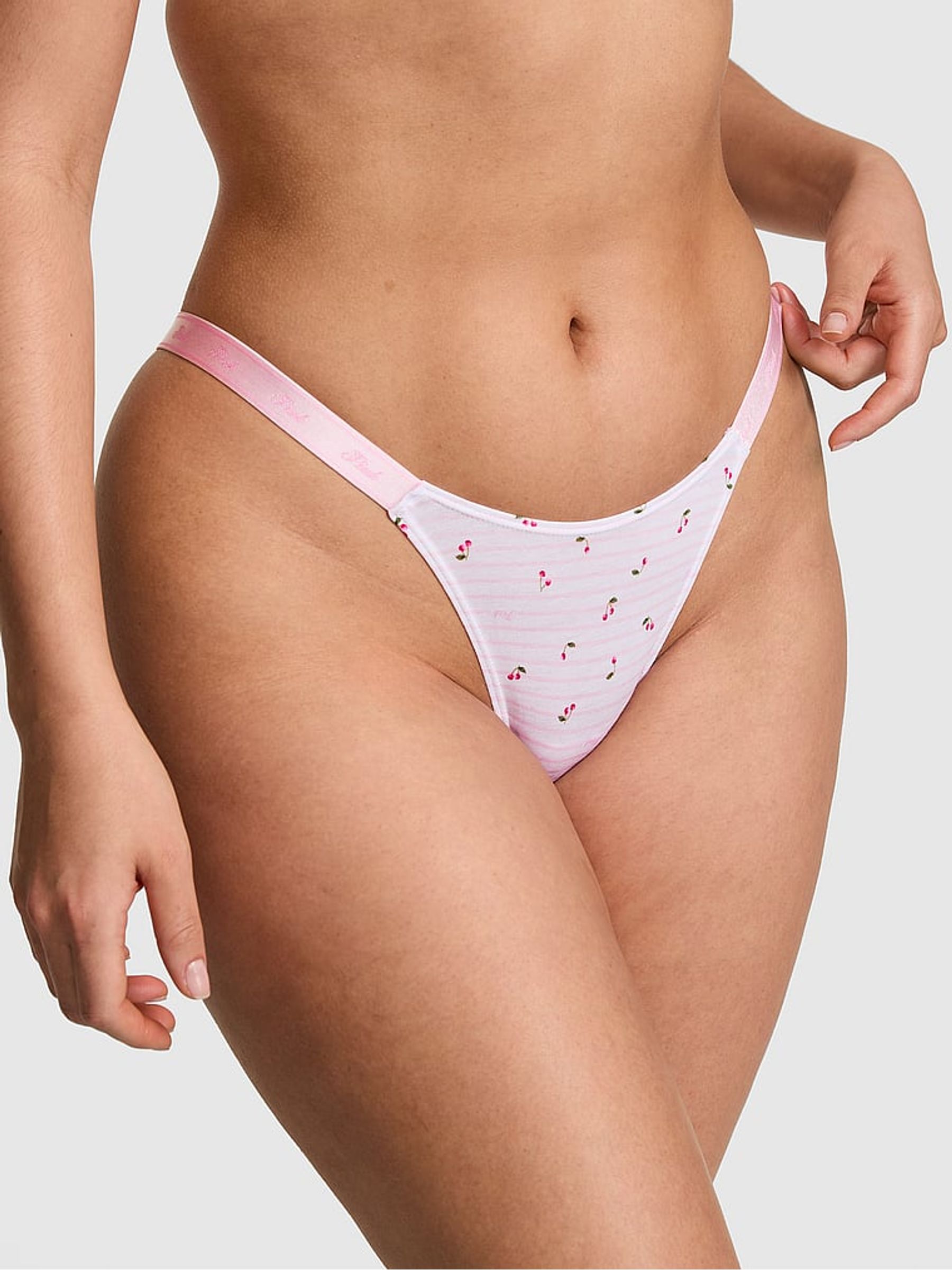 Pink Tulip Cherry Print Mini Scoop Thong Cotton Logo Knickers - Image 1 of 2