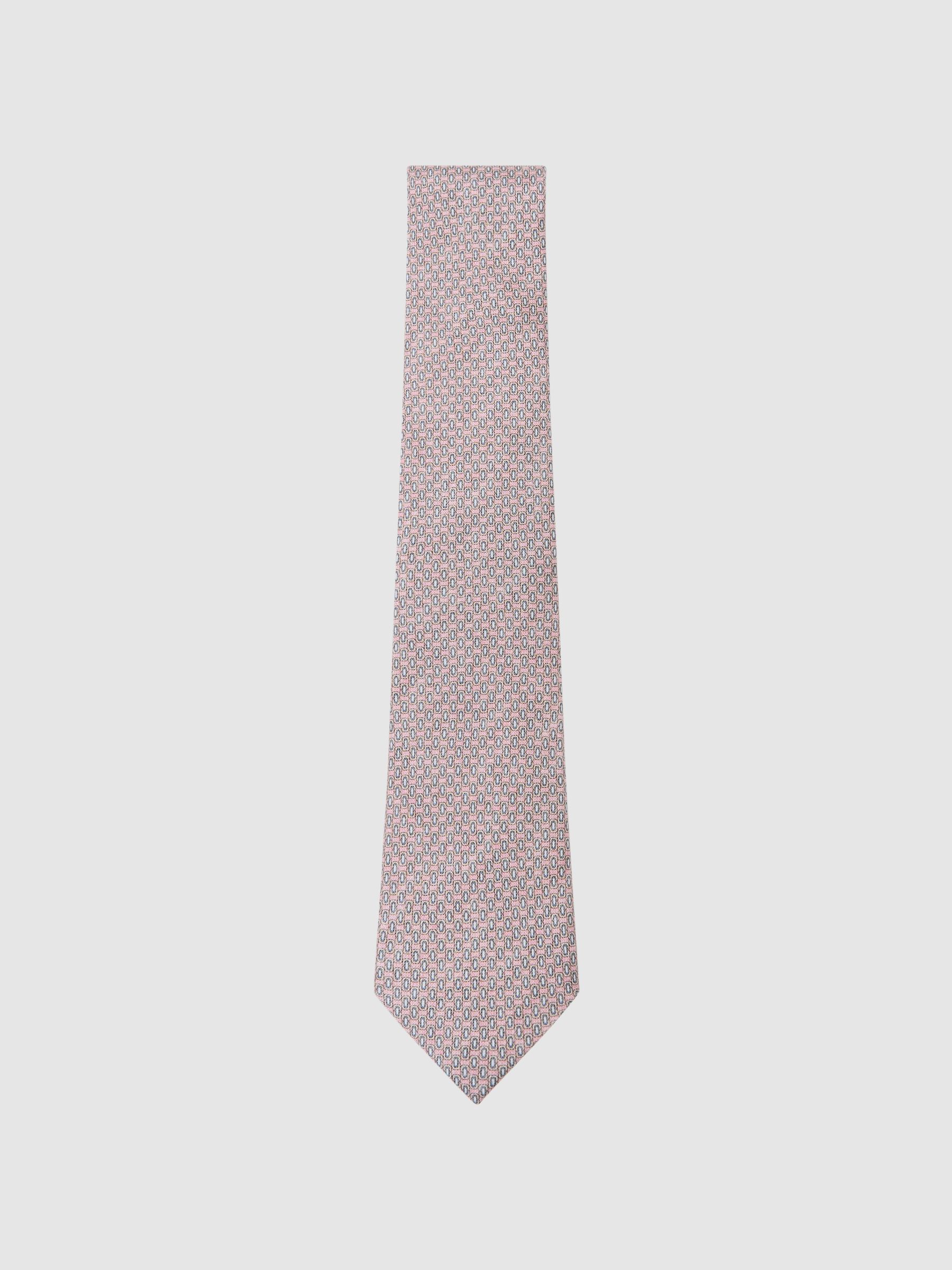 Silk Micro Geometric-Print Tie in Soft Pink - Image 2 of 5