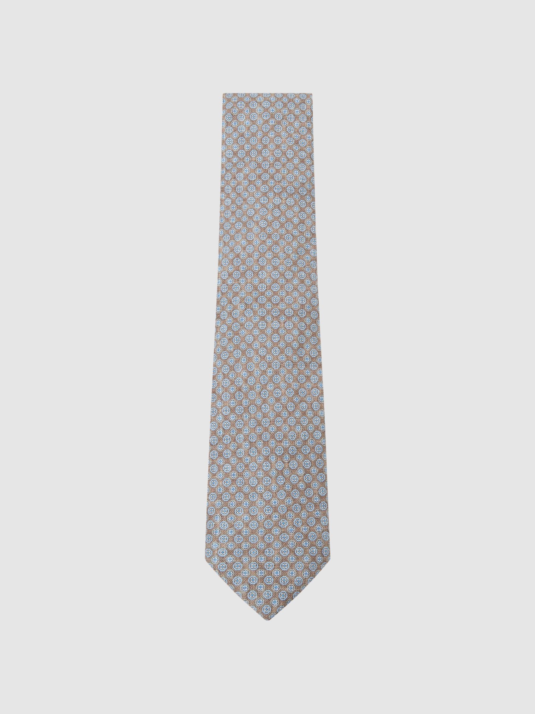 Silk Micro-Floral Medallion Tie in Brown / Soft Blue