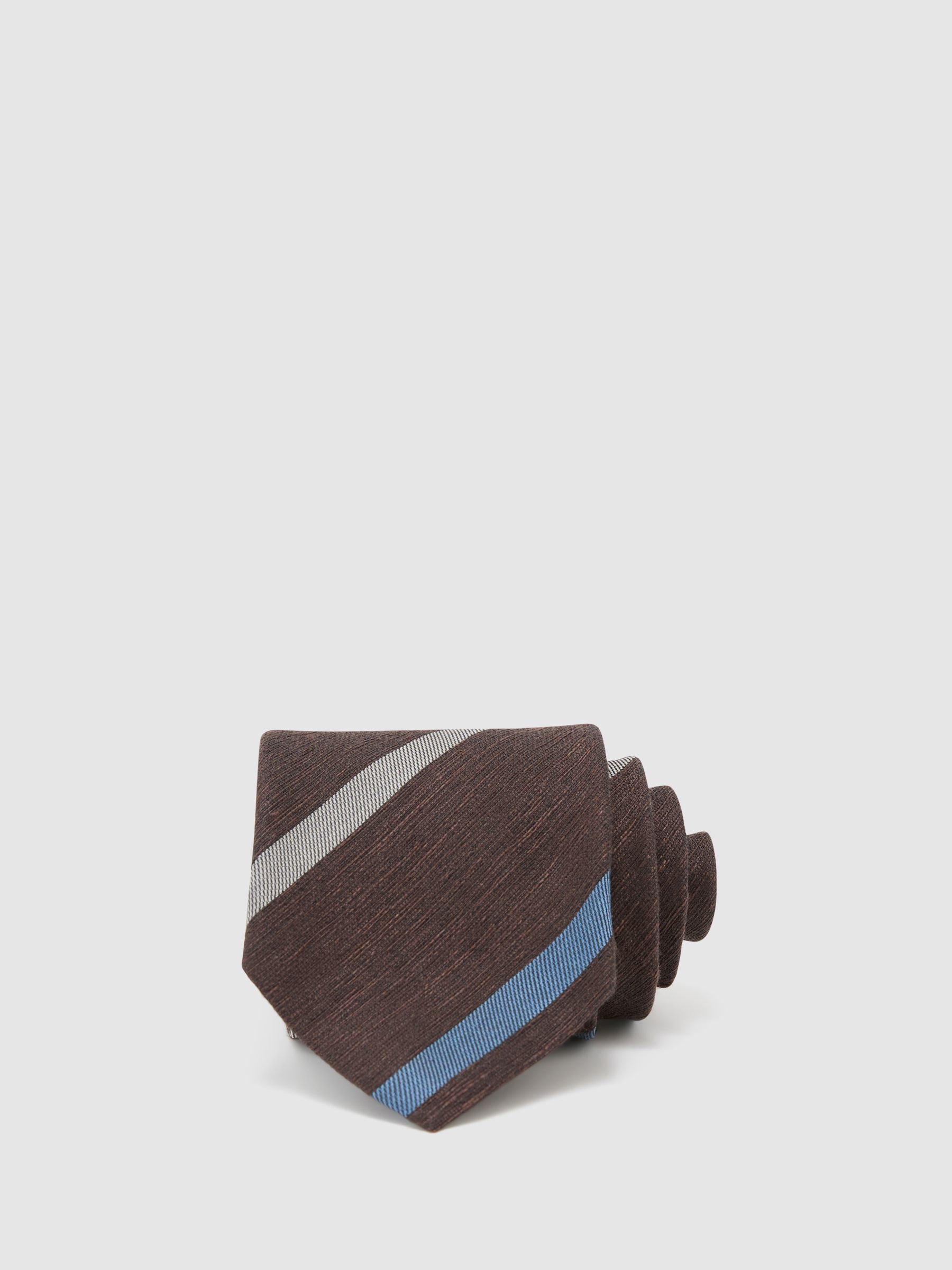 Cotton-Linen-Silk Stripe Tie in Chocolate Brown - Image 1 of 6
