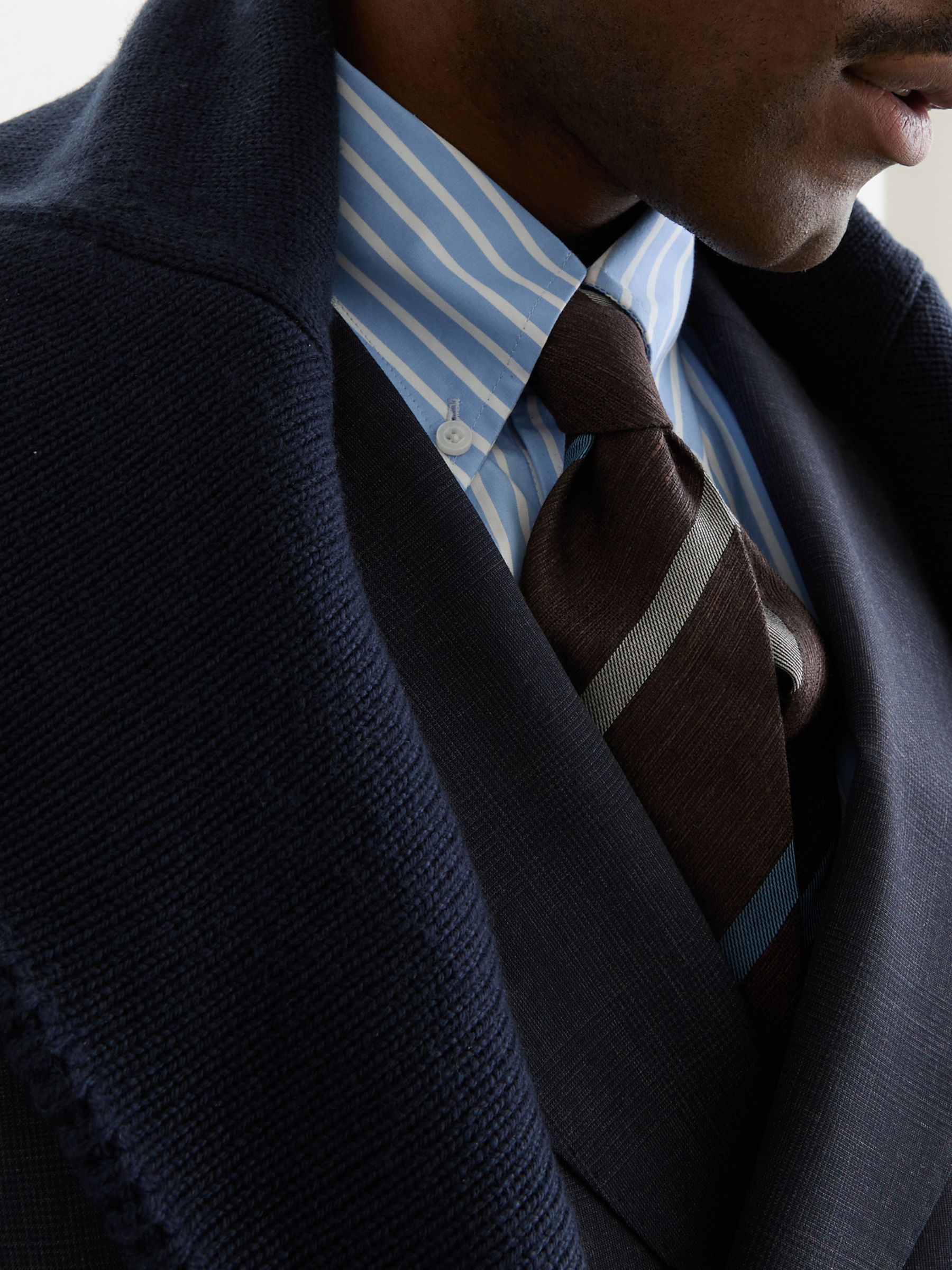 Cotton-Linen-Silk Stripe Tie in Chocolate Brown - Image 2 of 6