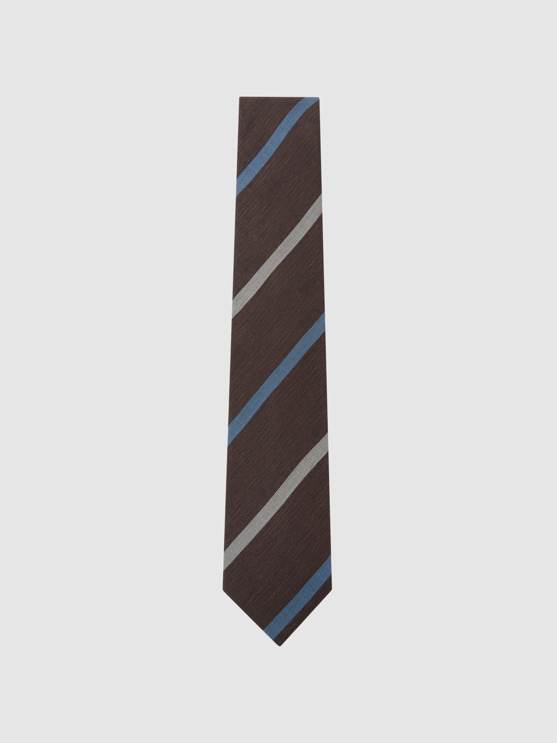 Cotton-Linen-Silk Stripe Tie in Chocolate Brown - Image 3 of 6