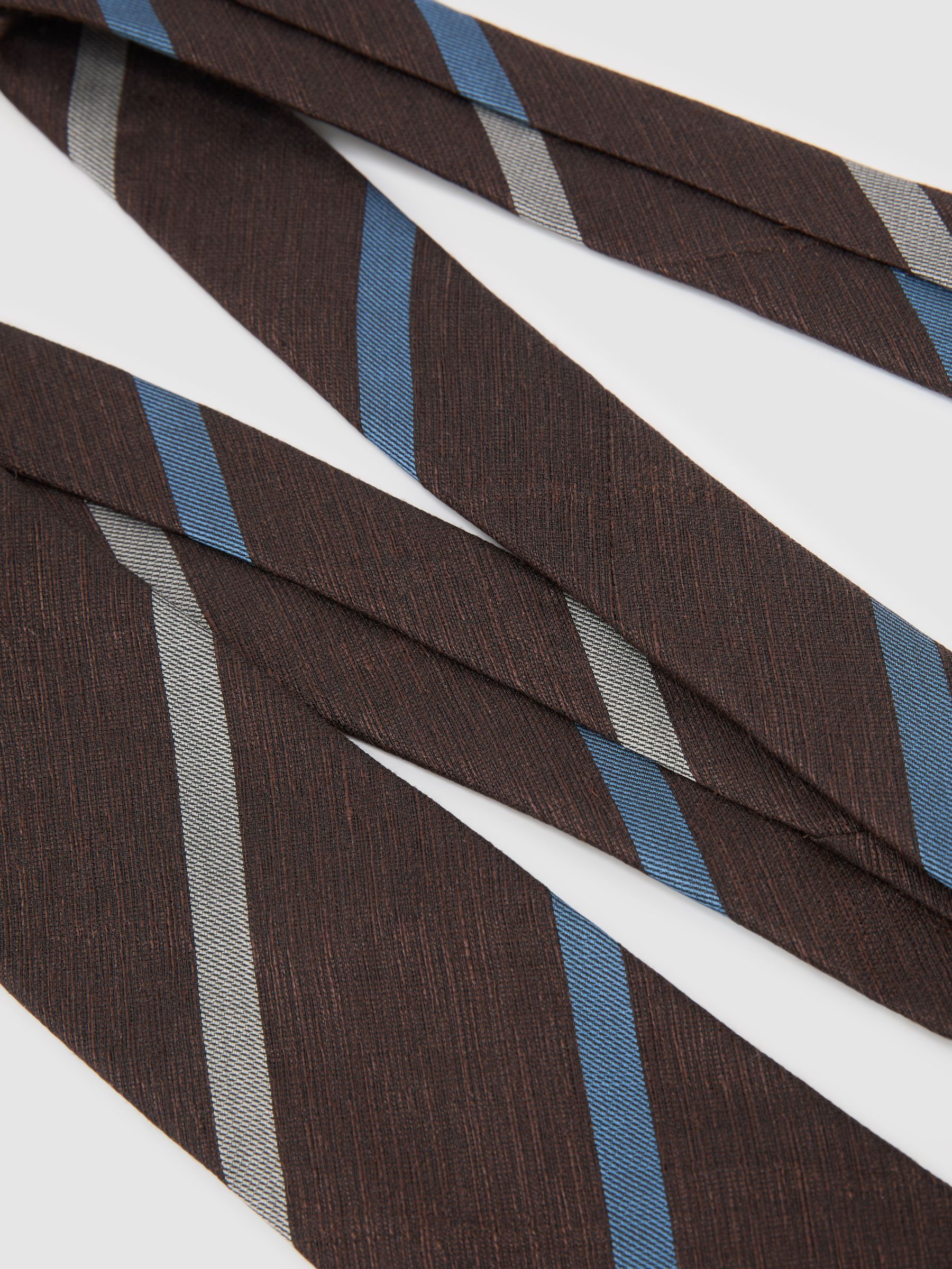 Cotton-Linen-Silk Stripe Tie in Chocolate Brown - Image 4 of 6