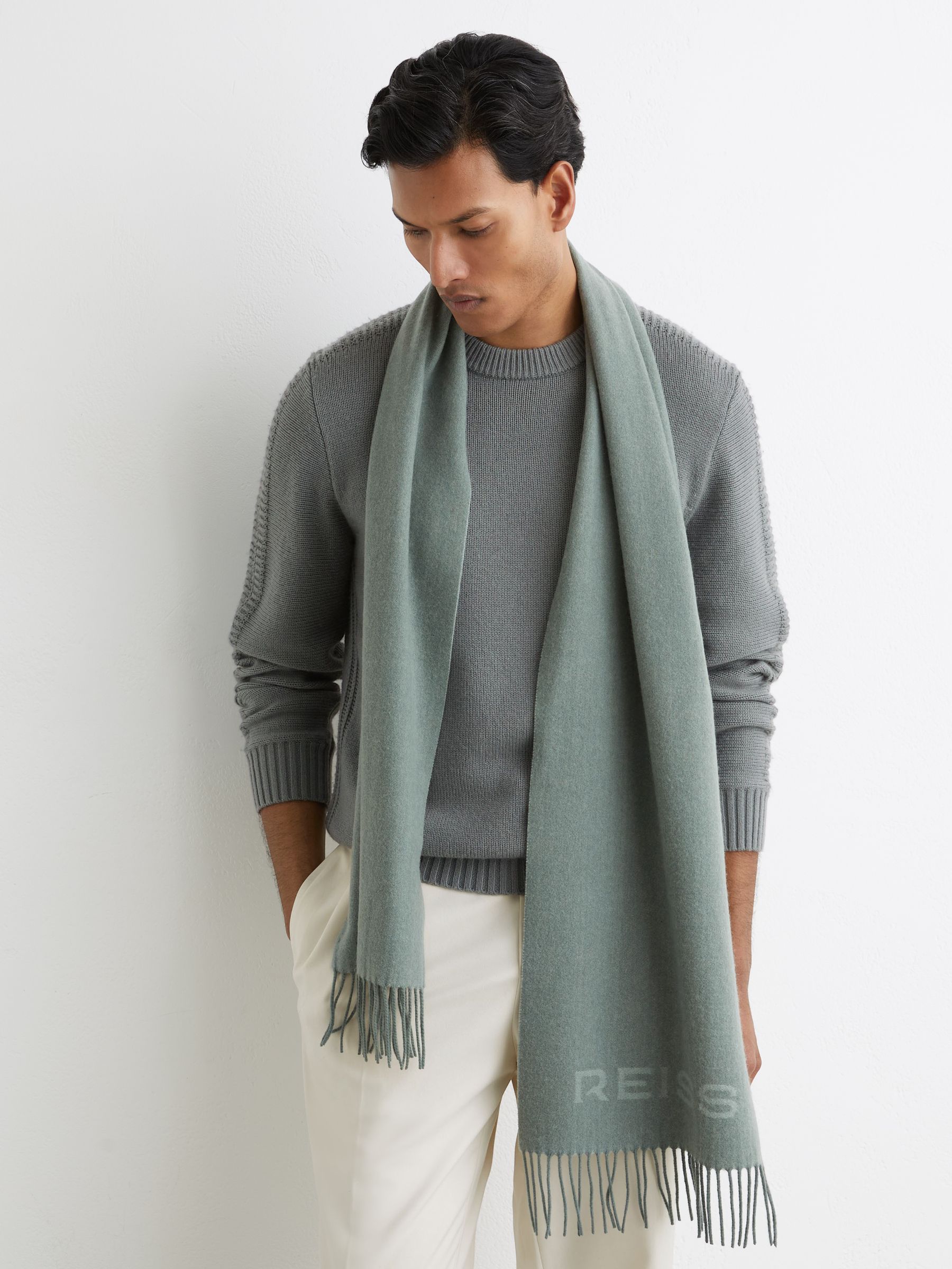 Wool-Cashmere Logo Scarf in Soft Sage Green - Image 1 of 5