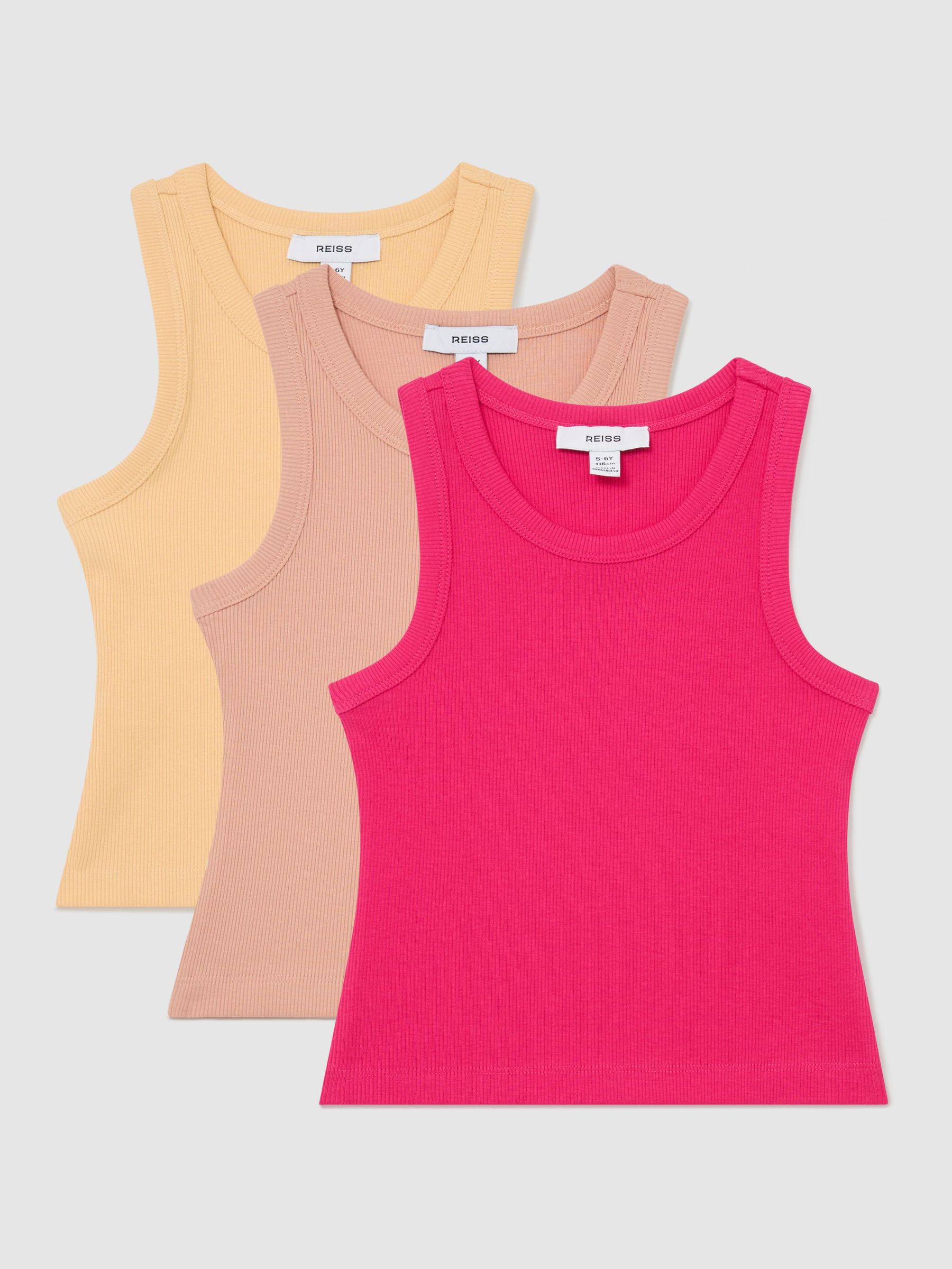 3 Pack Stretch-Cotton Ribbed Vest in Pink - Image 1 of 3