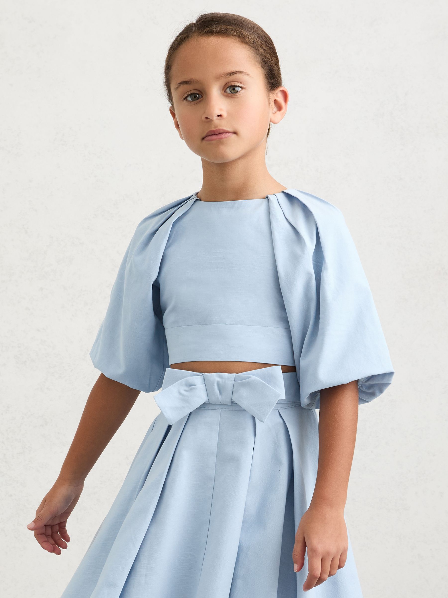 Puff-Sleeve Tie-Back Top in Pale Blue - Image 1 of 5 Puff-Sleeve Tie-Back Top in Pale Blue - Image 1 of 5