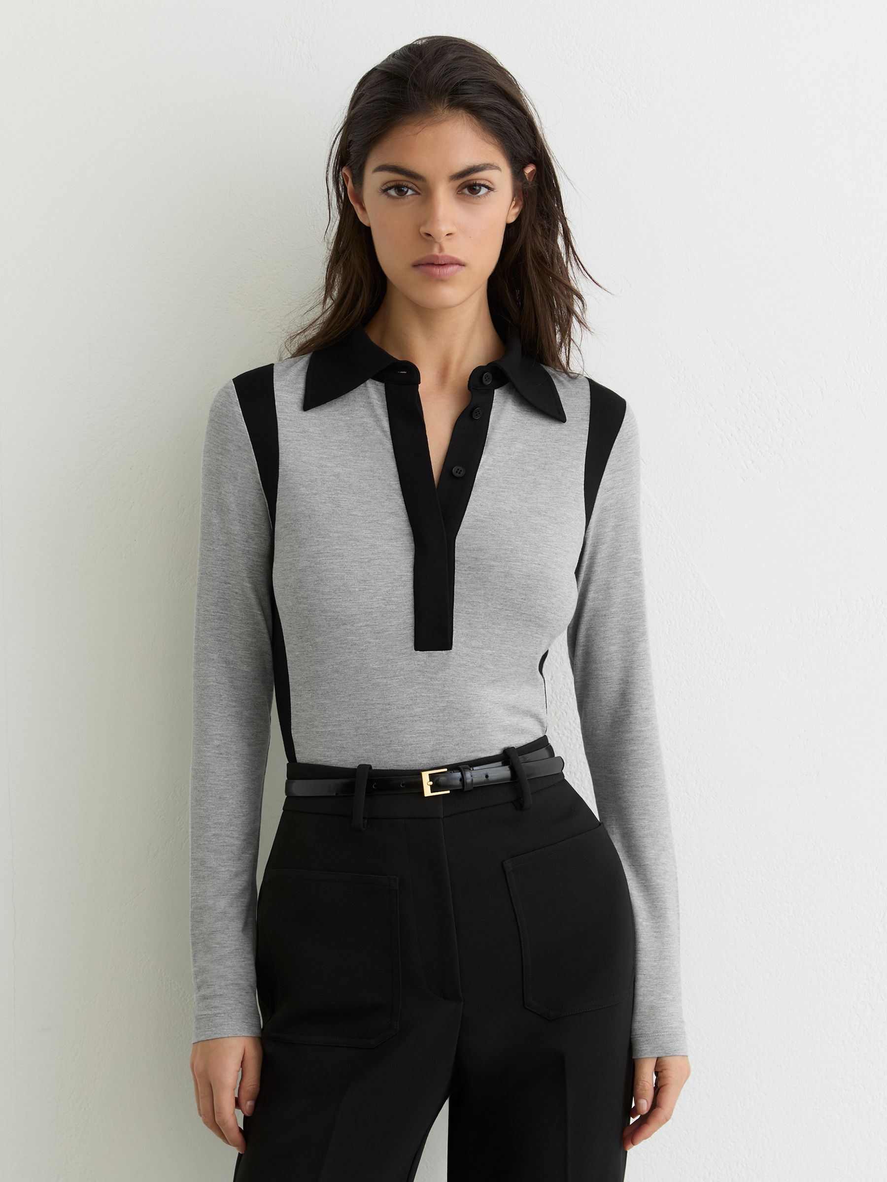Jersey Colour-Block Long-Sleeve Shirt in Grey Marl/Black - Image 1 of 7
