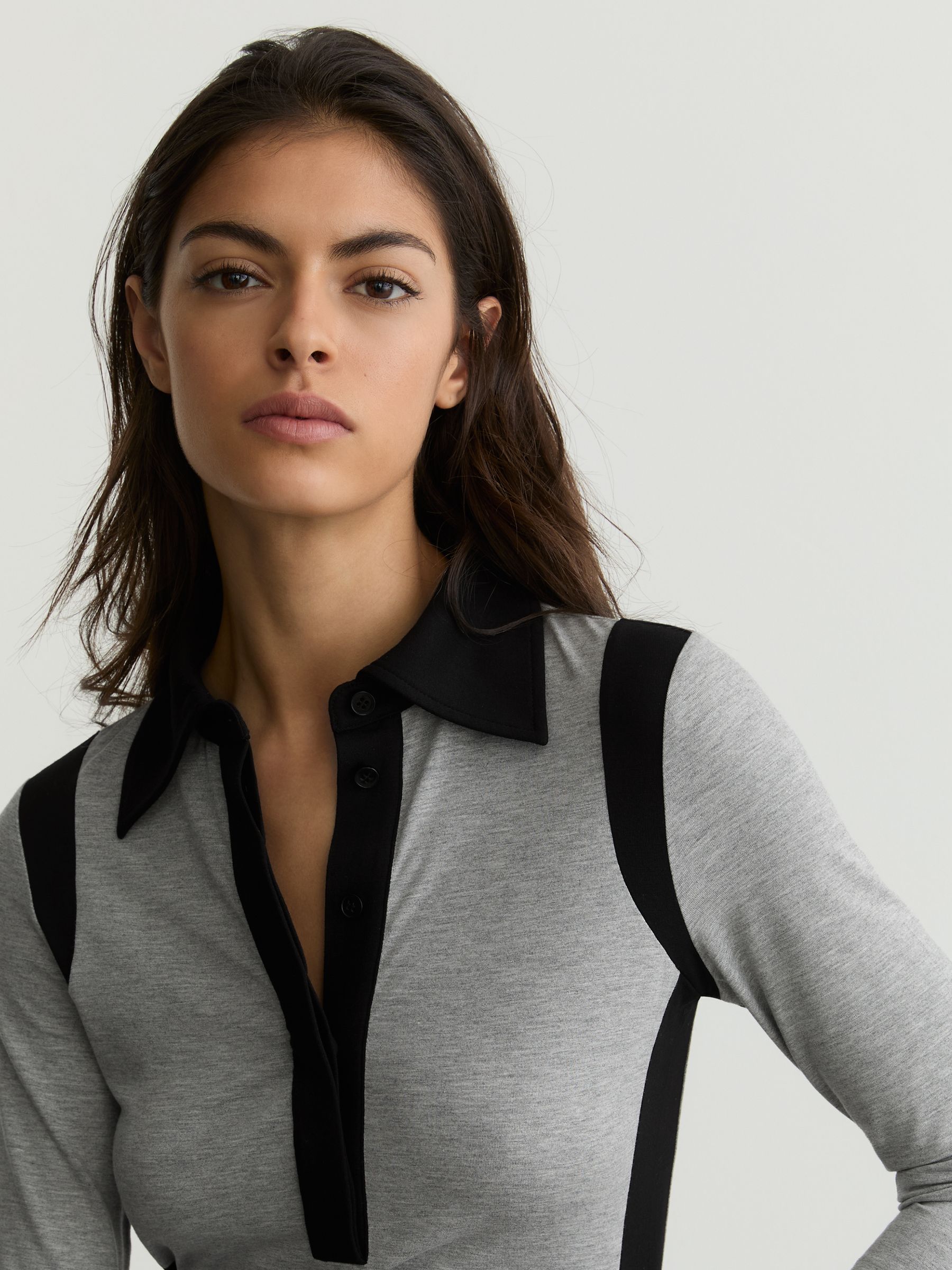 Jersey Colour-Block Long-Sleeve Shirt in Grey Marl/Black - Image 4 of 7