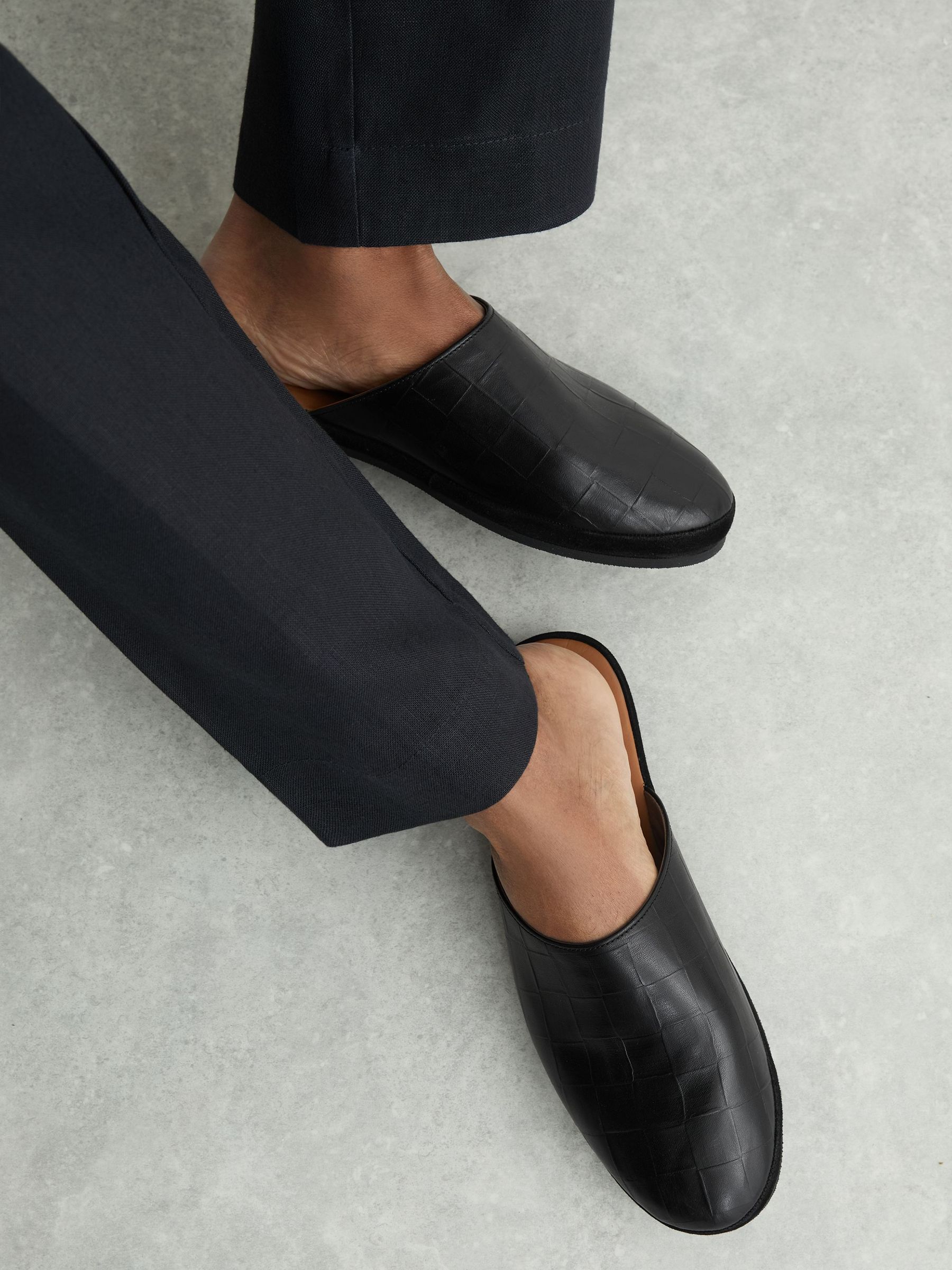 Leather Checkerboard-Embossed Mules in Black - Image 3 of 6