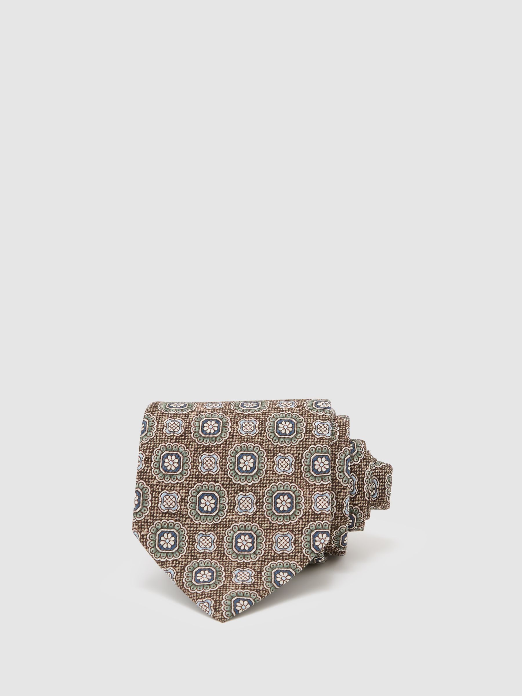 Silk Floral-Medallion Print Tie in Dark Brown - image 5