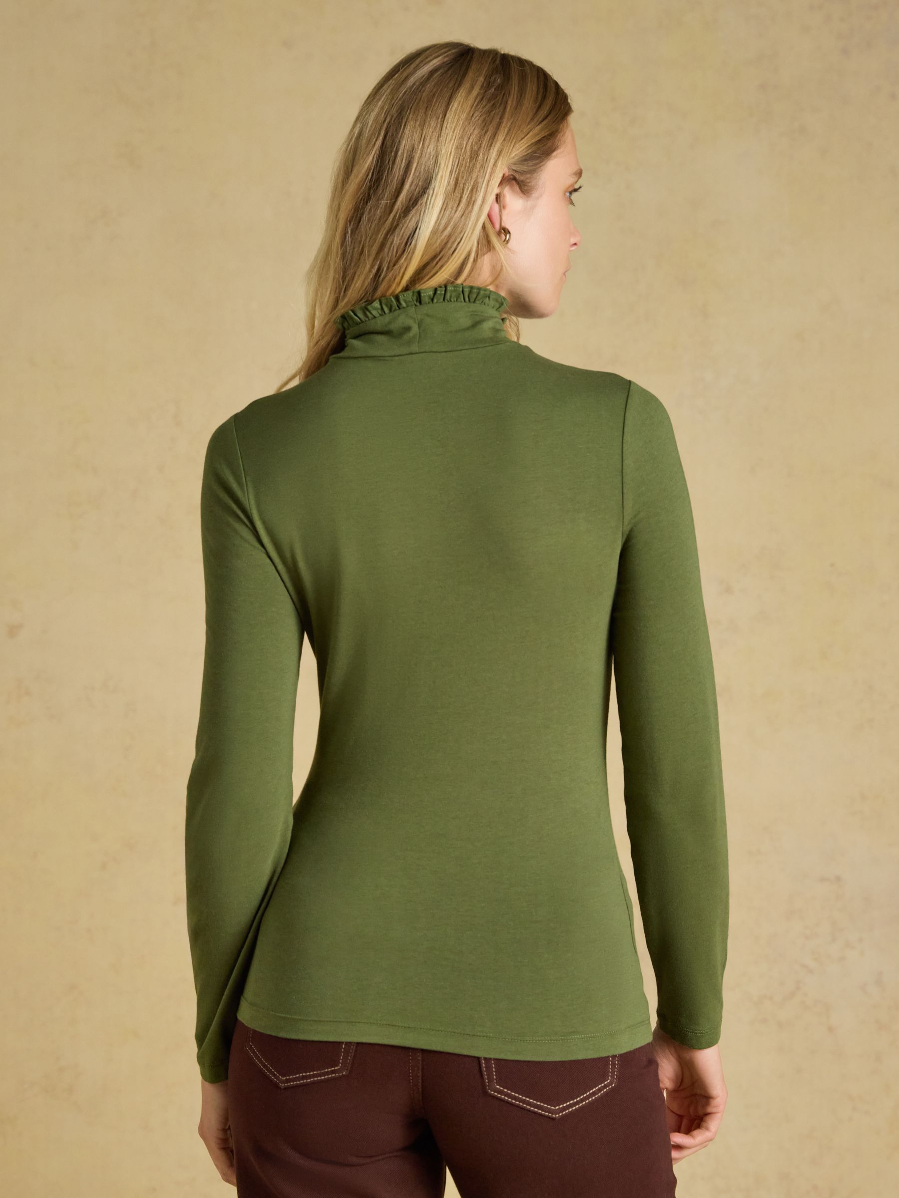 Amy Khaki Green Long Sleeve High Frill Neck Jersey Top - Image 2 of 6