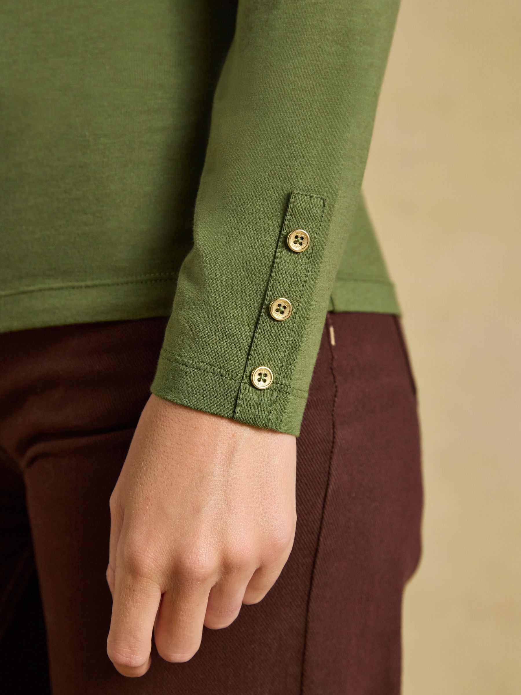 Amy Khaki Green Long Sleeve High Frill Neck Jersey Top - Image 3 of 6