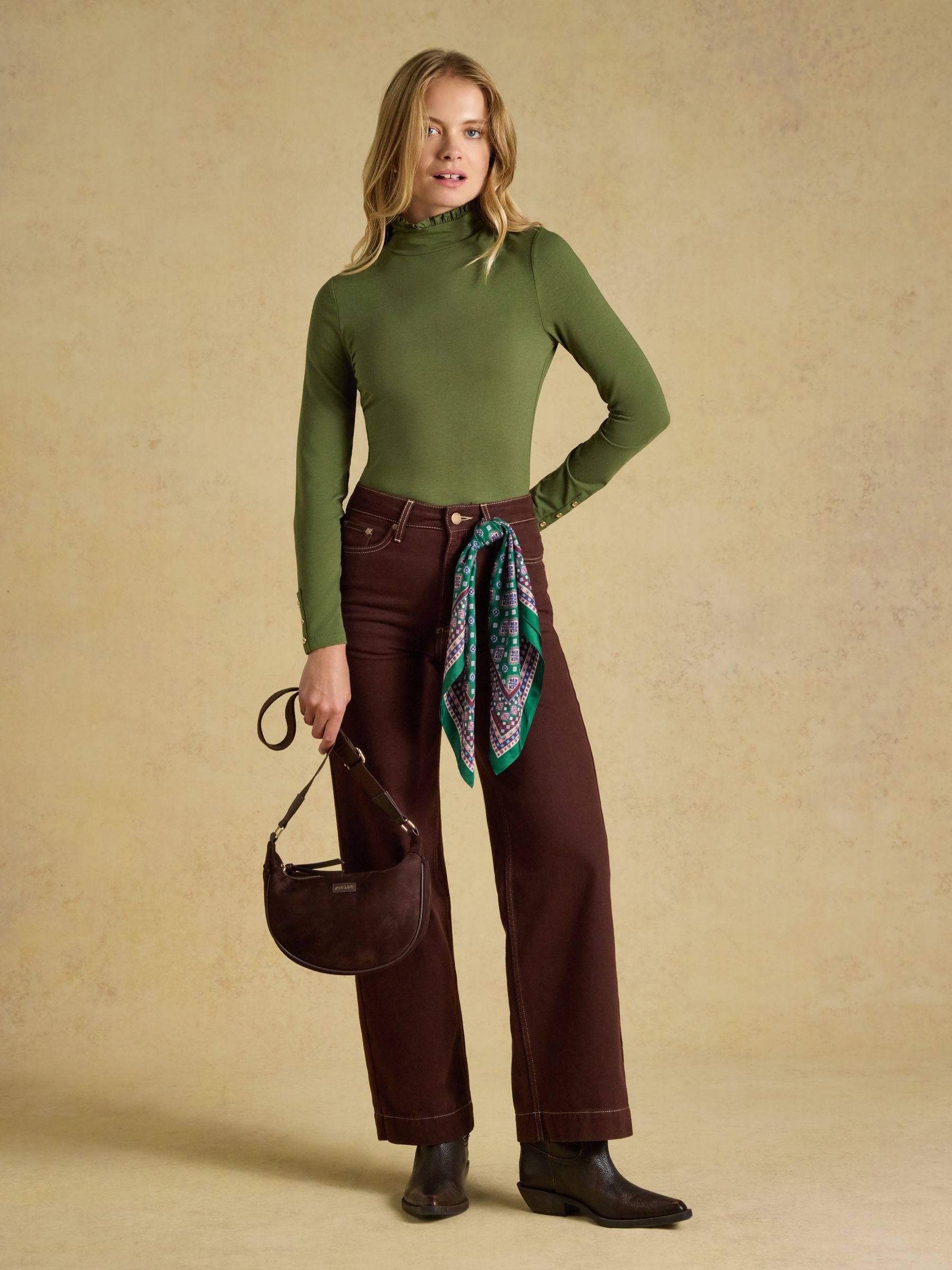 Amy Khaki Green Long Sleeve High Frill Neck Jersey Top - Image 5 of 6