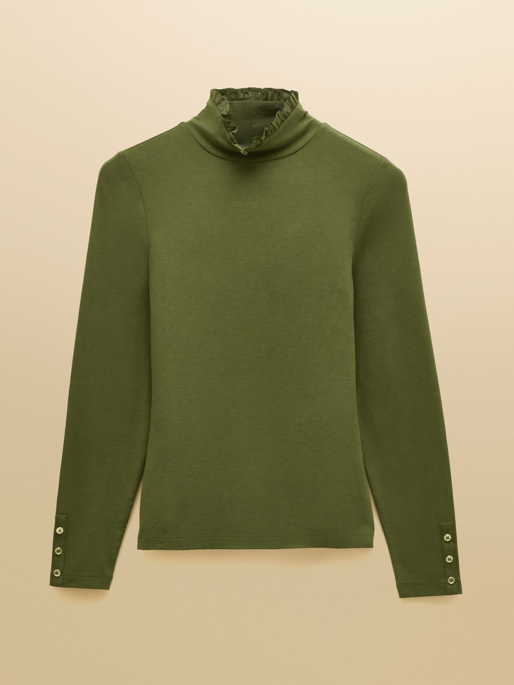 Amy Khaki Green Long Sleeve High Frill Neck Jersey Top - Image 6 of 6
