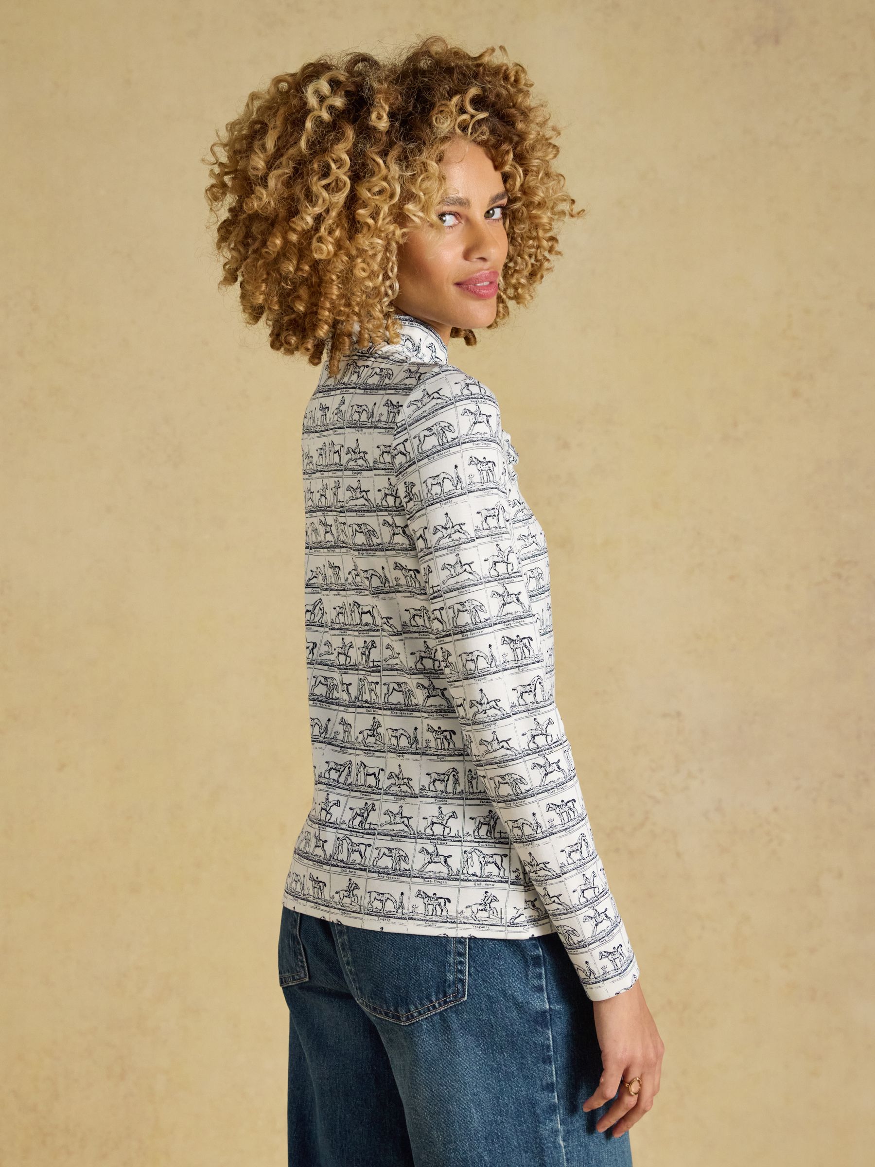 Heidi Creme/Navy Horse Grid Frill Neck Printed Jersey Top - Image 2 of 8 Heidi Creme/Navy Horse Grid Frill Neck Printed Jersey Top - Image 2 of 8