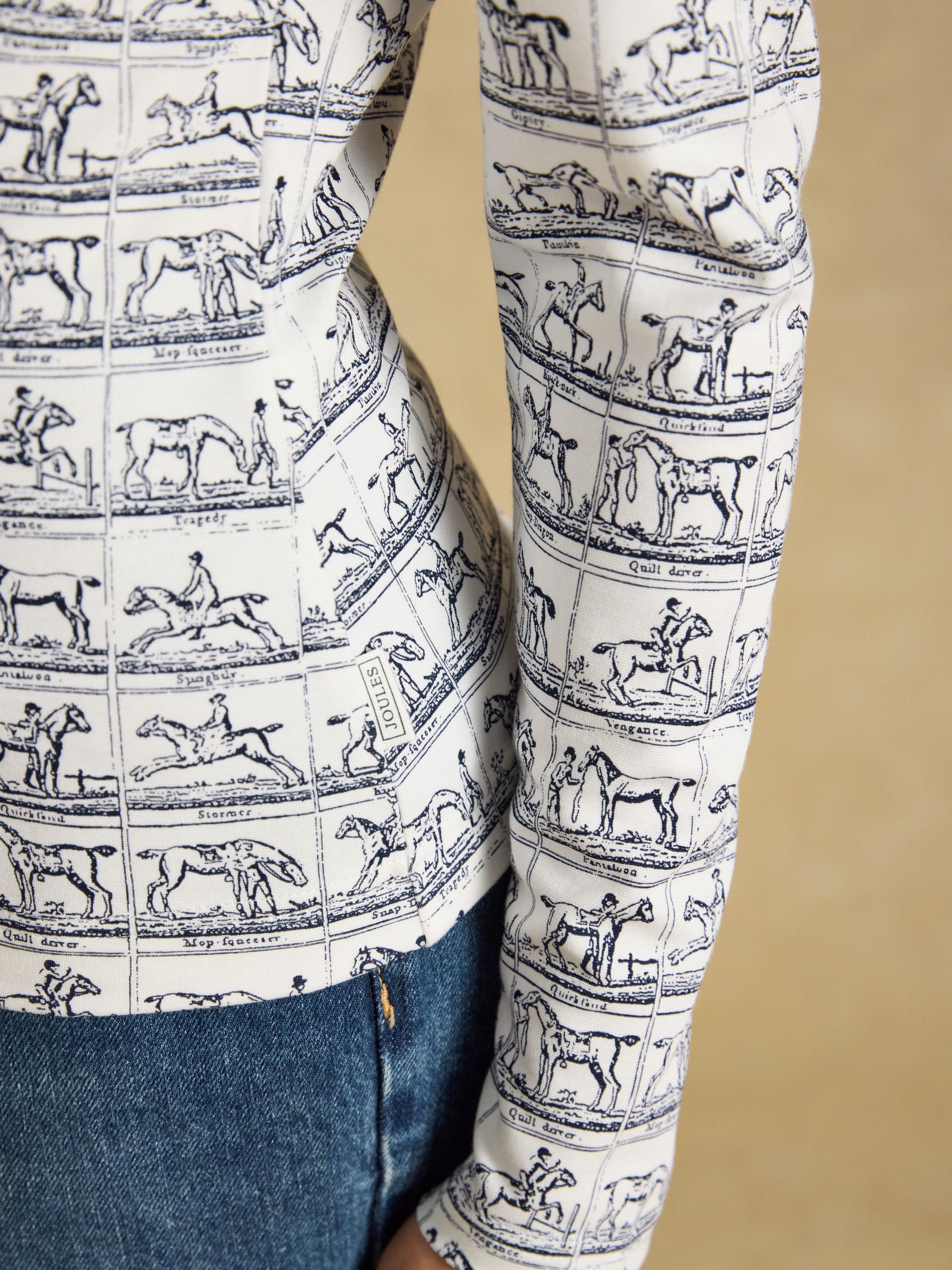 Heidi Creme/Navy Horse Grid Frill Neck Printed Jersey Top - Image 5 of 8